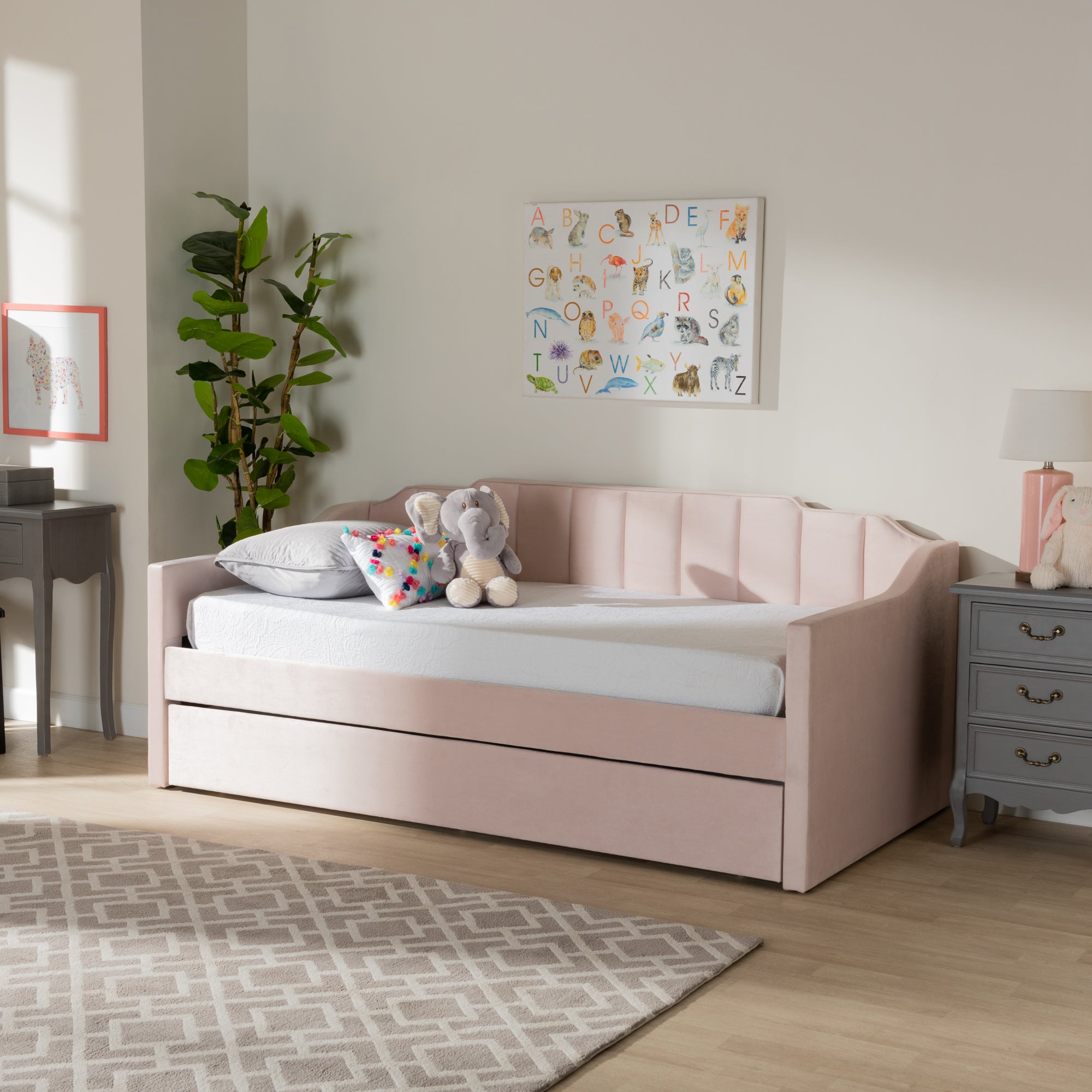 Baxton Studio Lennon Modern and Contemporary Pink Velvet Fabric Upholstered Twin Size Daybed with Trundle