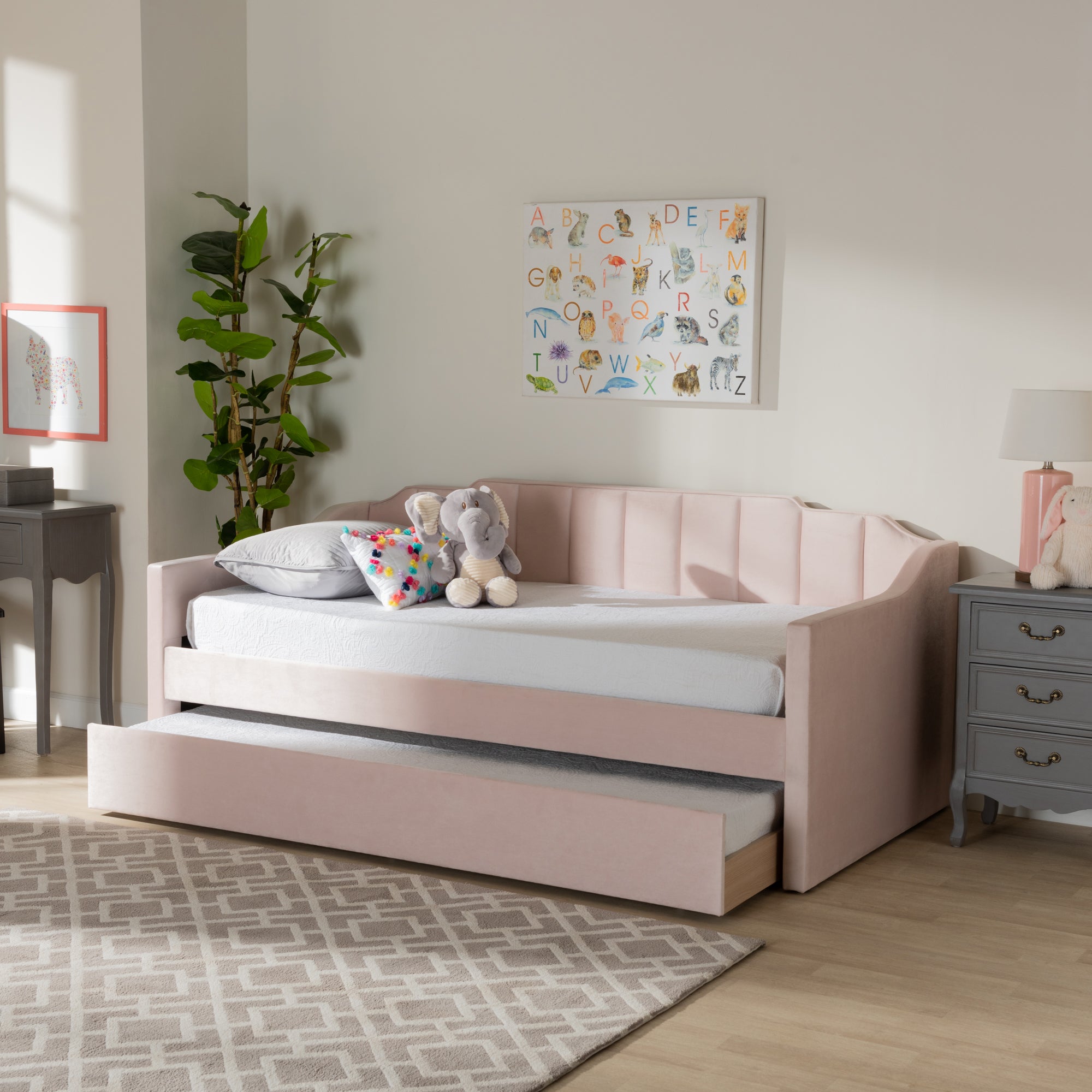 Baxton Studio Lennon Modern and Contemporary Pink Velvet Fabric Upholstered Twin Size Daybed with Trundle