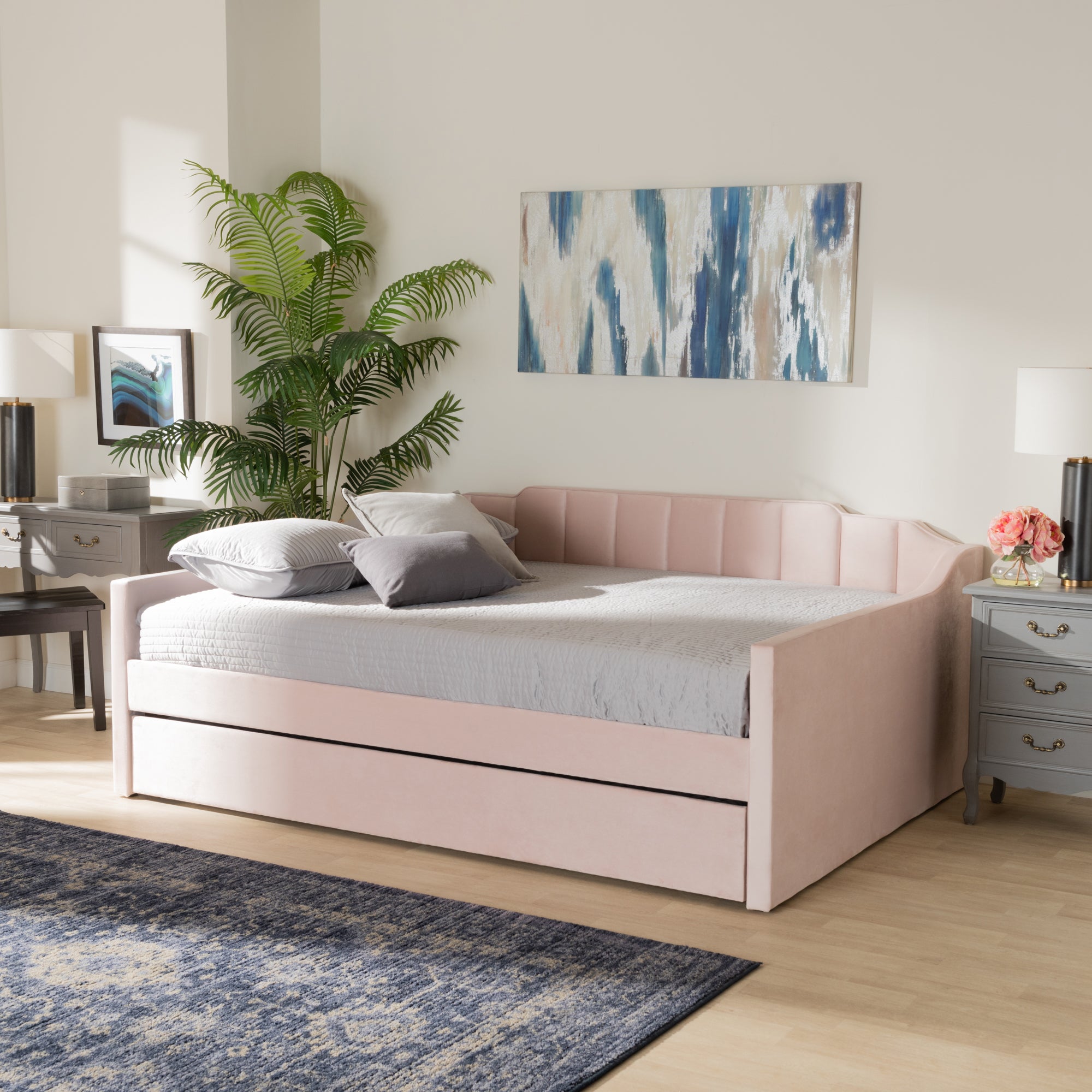 Baxton Studio Lennon Modern and Contemporary Pink Velvet Fabric Upholstered Full Size Daybed with Trundle