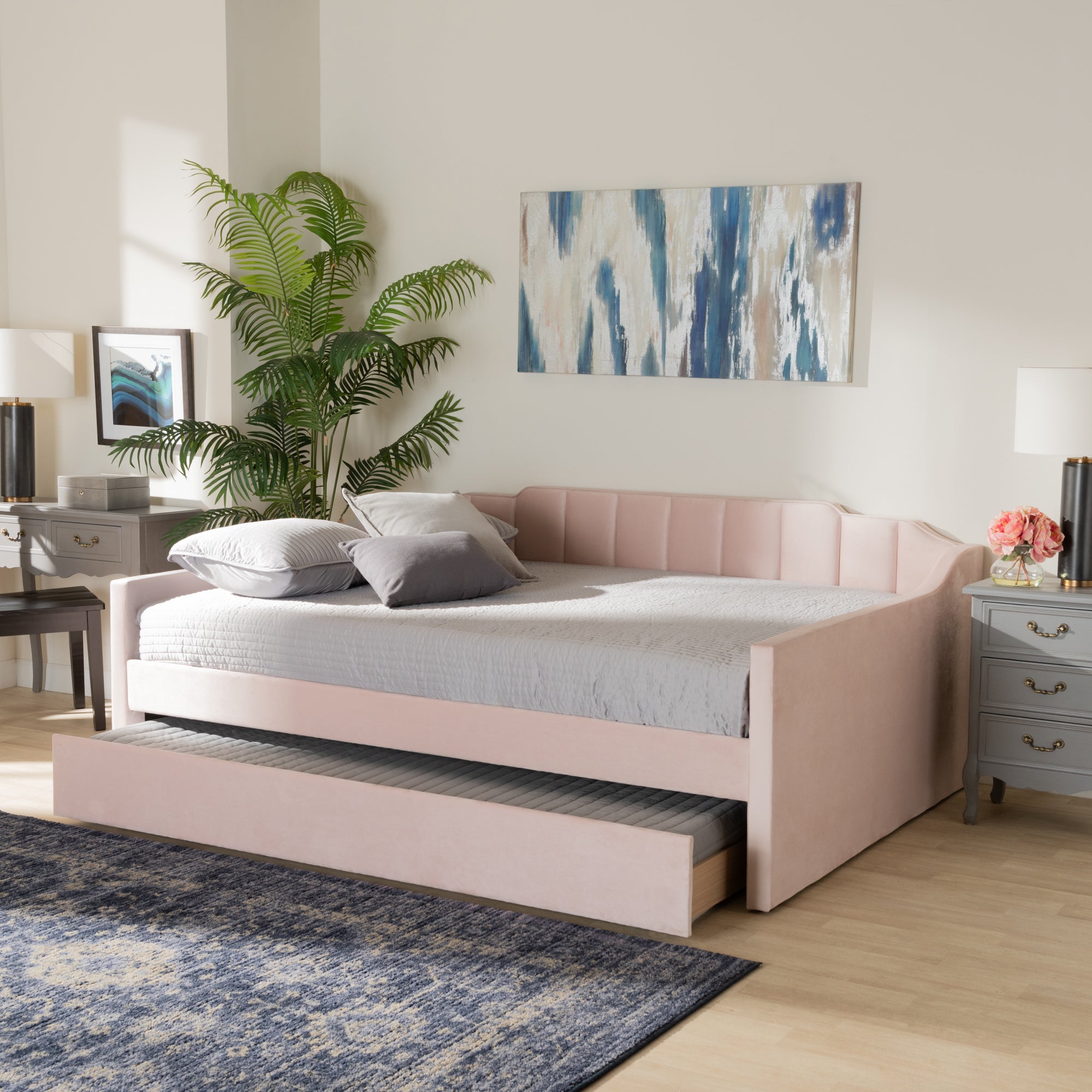 Baxton Studio Lennon Modern and Contemporary Pink Velvet Fabric Upholstered Full Size Daybed with Trundle