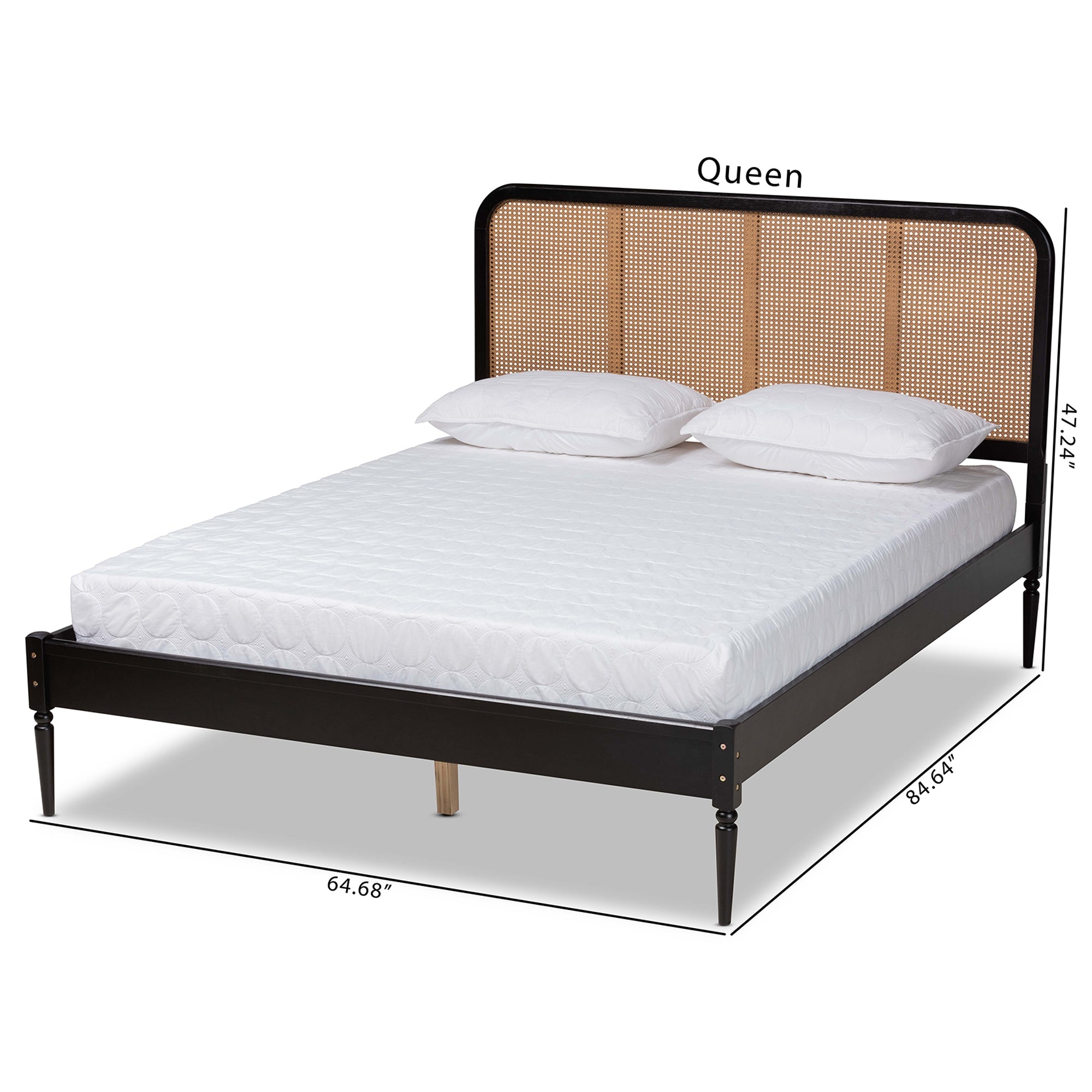 Baxton Studio Elston Mid-Century Modern Charcoal Finished Wood and Synthetic Rattan Queen Size Platform Bed