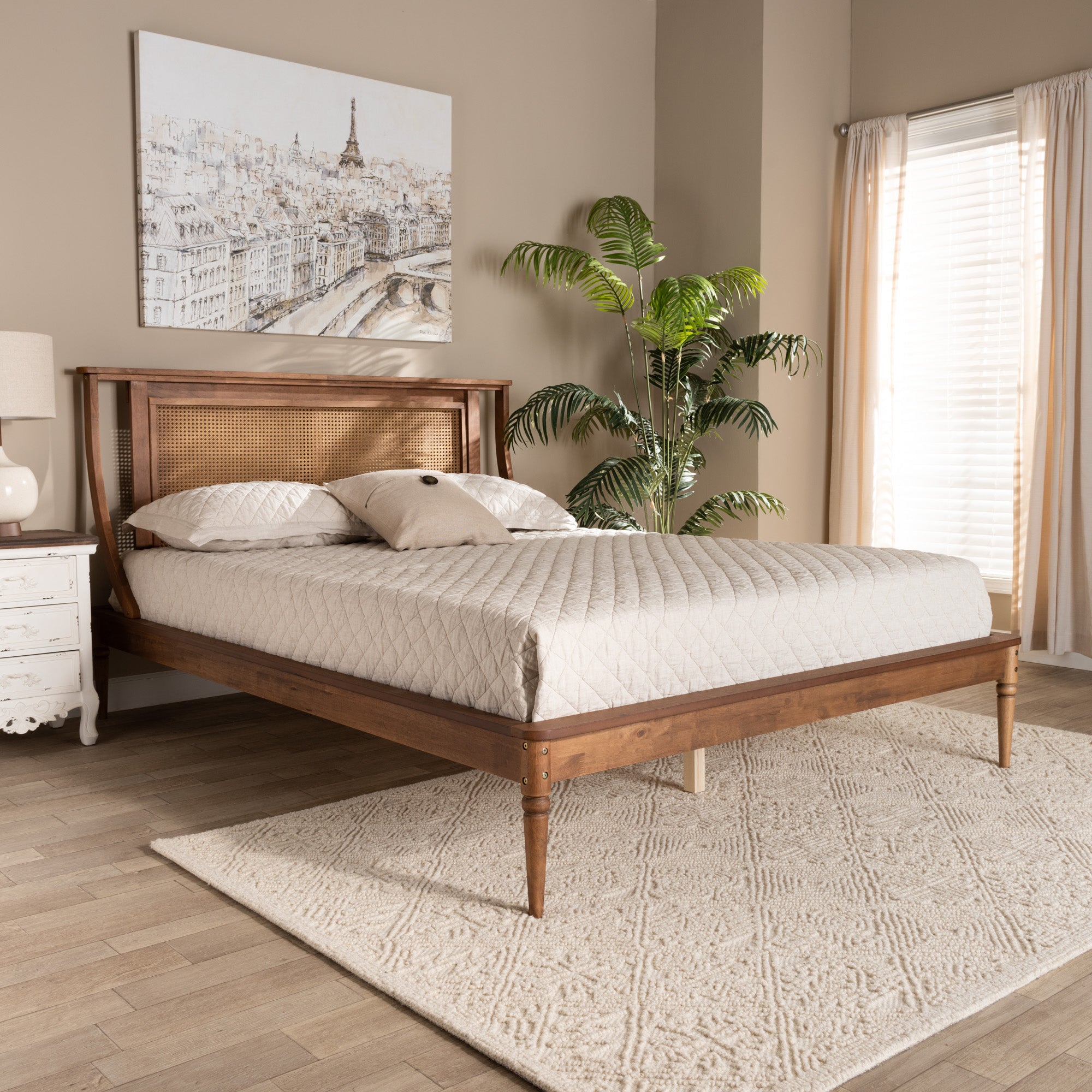 Baxton Studio Jamila Modern Transitional Walnut Brown Finished Wood and Synthetic Rattan King Size Platform Bed