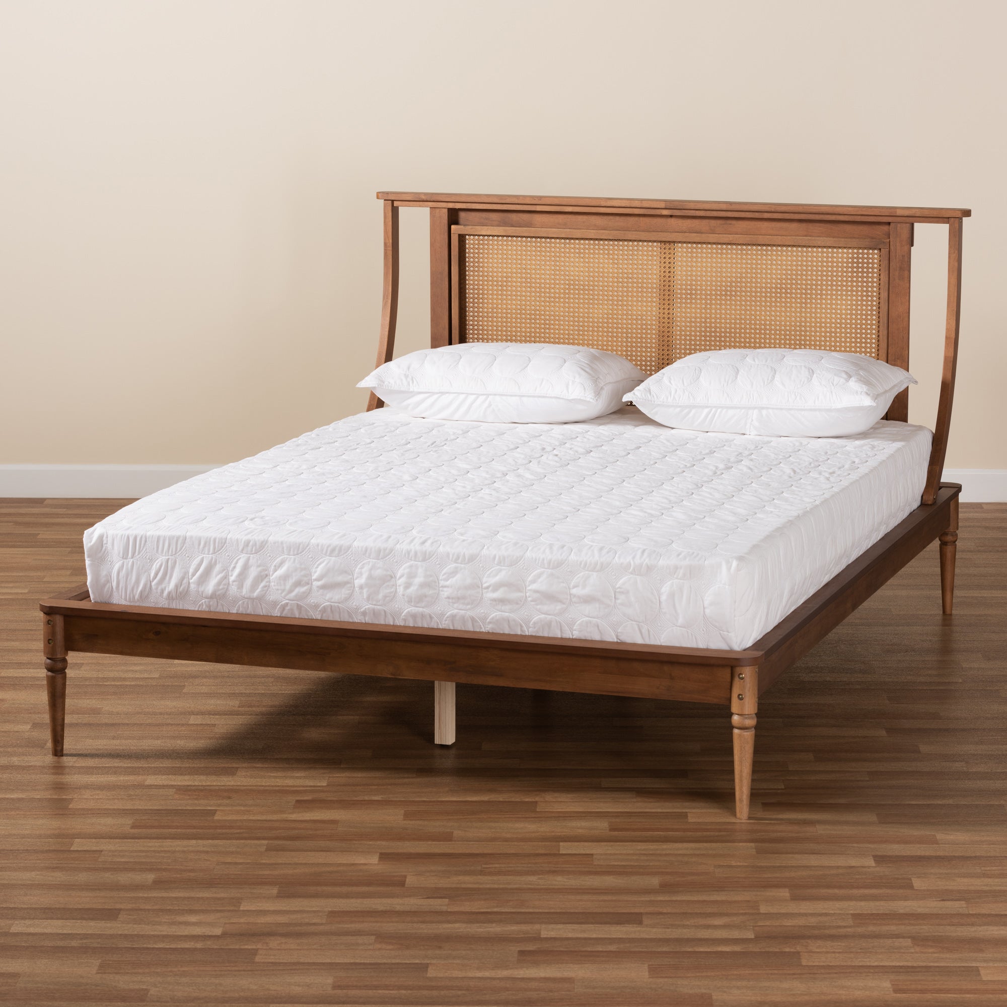 Baxton Studio Jamila Modern Transitional Walnut Brown Finished Wood and Synthetic Rattan Queen Size Platform Bed