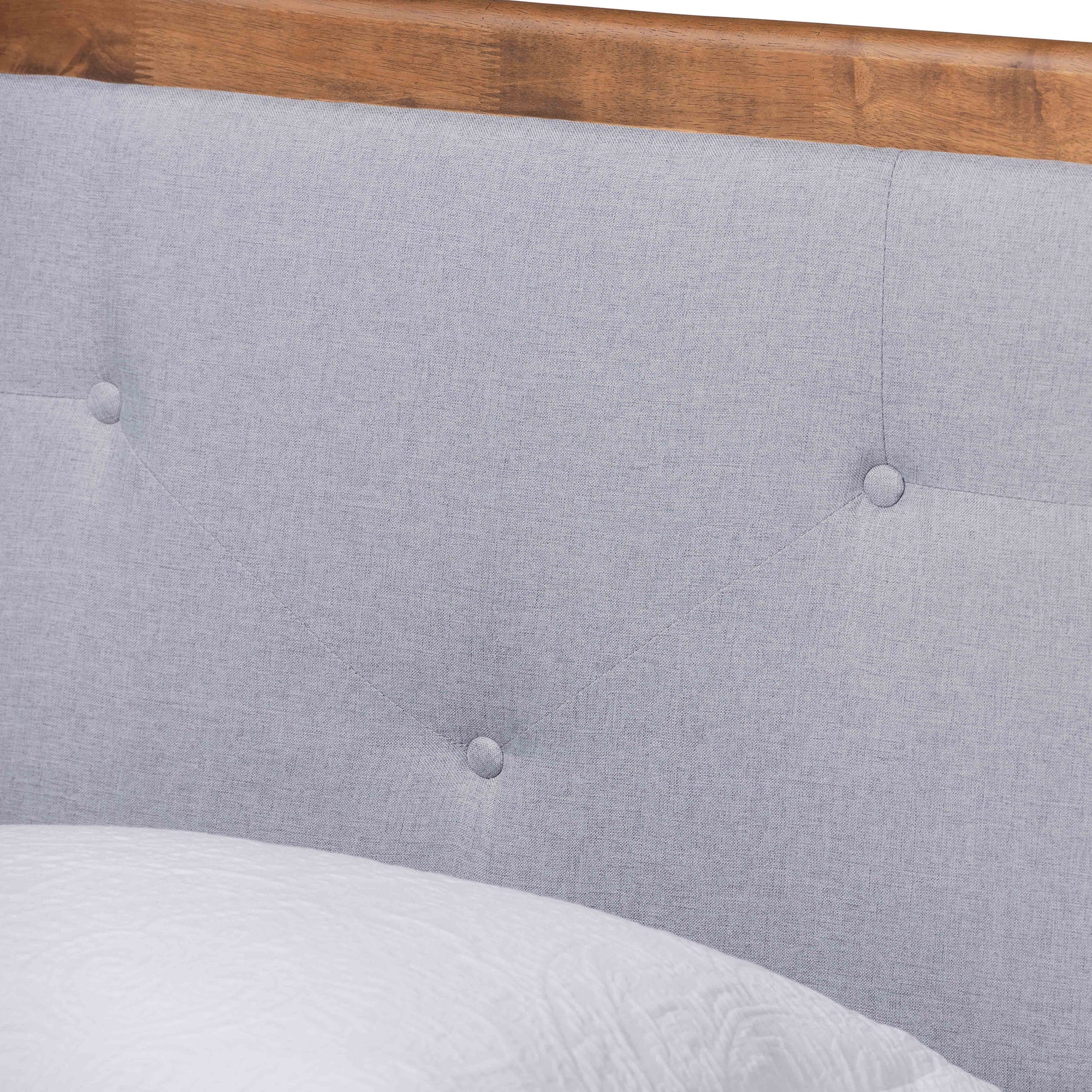 Baxton Studio Saul Mid-Century Modern Light Grey Fabric Upholstered and Walnut Brown Finished Wood Twin Size Platform Bed