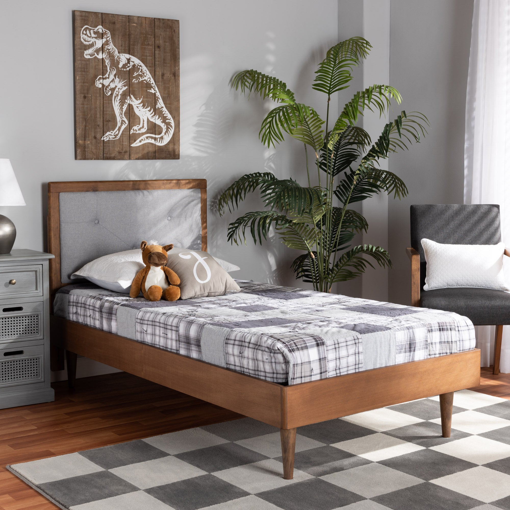 Baxton Studio Saul Mid-Century Modern Light Grey Fabric Upholstered and Walnut Brown Finished Wood Twin Size Platform Bed
