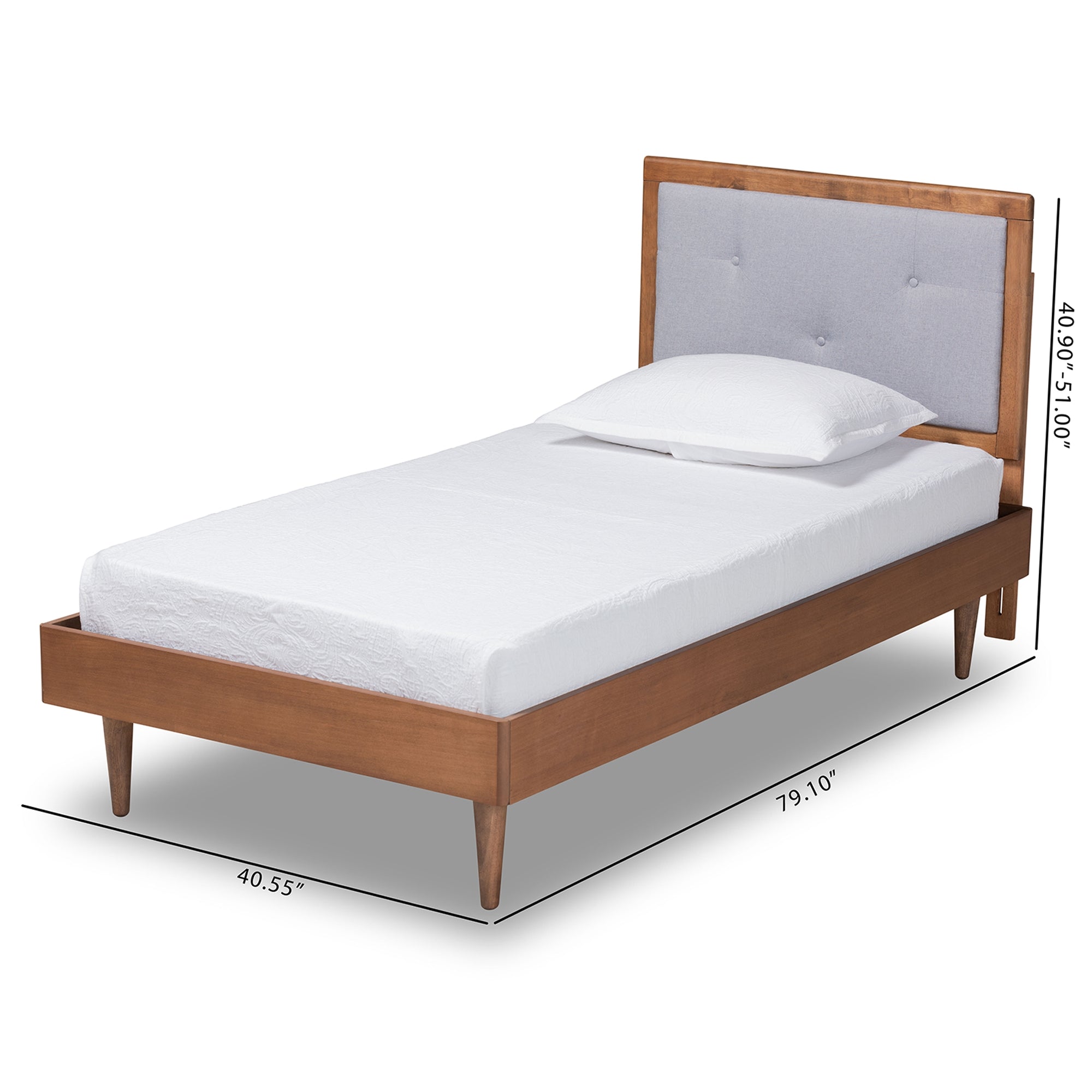 Baxton Studio Saul Mid-Century Modern Light Grey Fabric Upholstered and Walnut Brown Finished Wood Twin Size Platform Bed