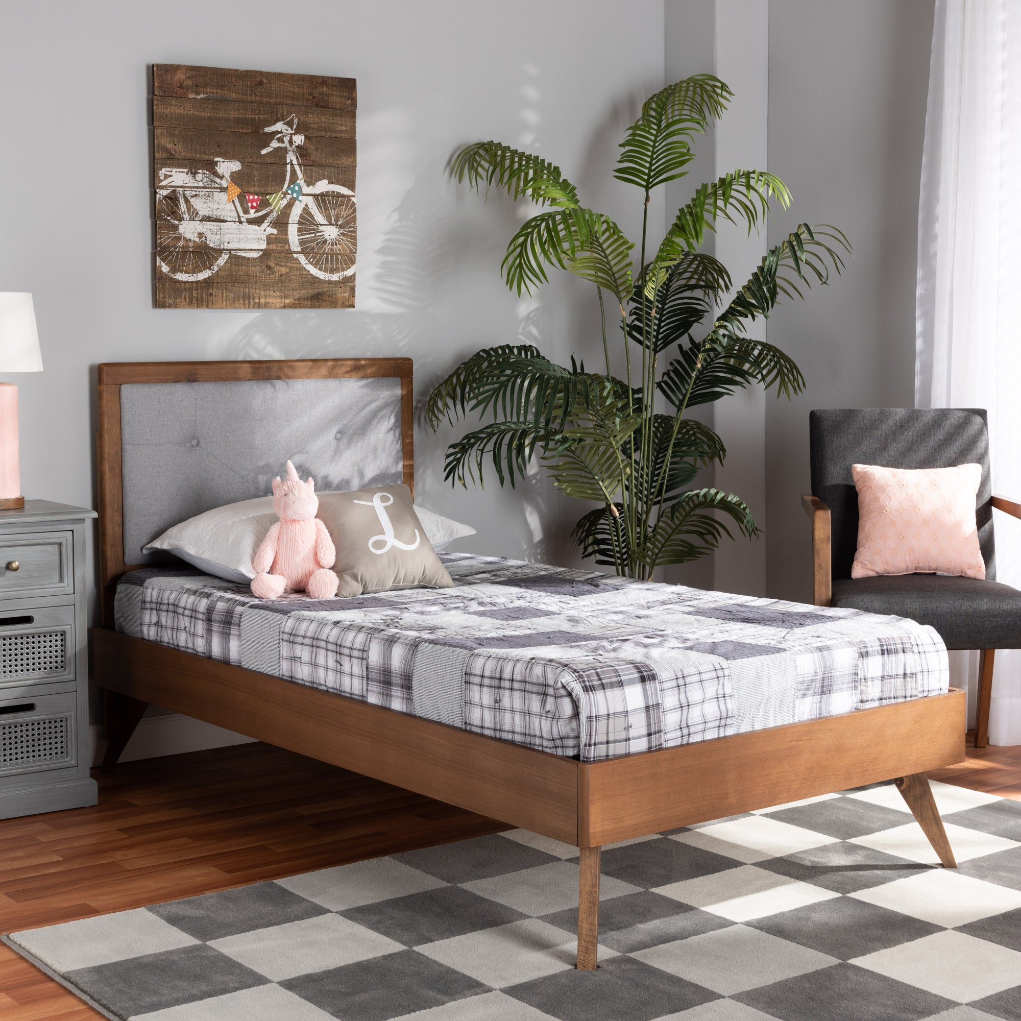 Baxton Studio Laima Mid-Century Modern Light Grey Fabric Upholstered and Walnut Brown Finished Wood Twin Size Platform Bed