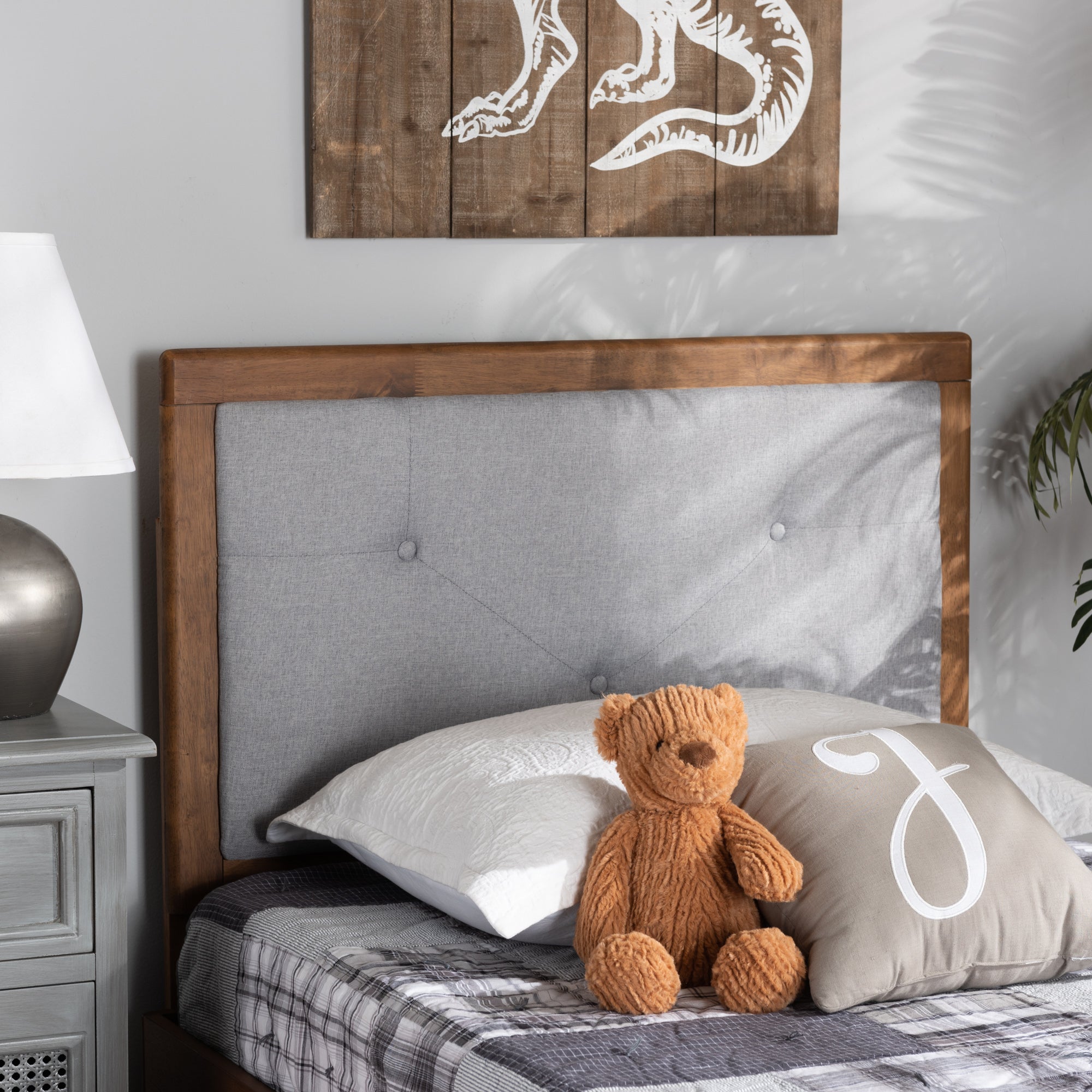 Baxton Studio Abner Modern and Contemporary Transitional Light Grey Fabric Upholstered and Walnut Brown Finished Wood Twin Size Headboard