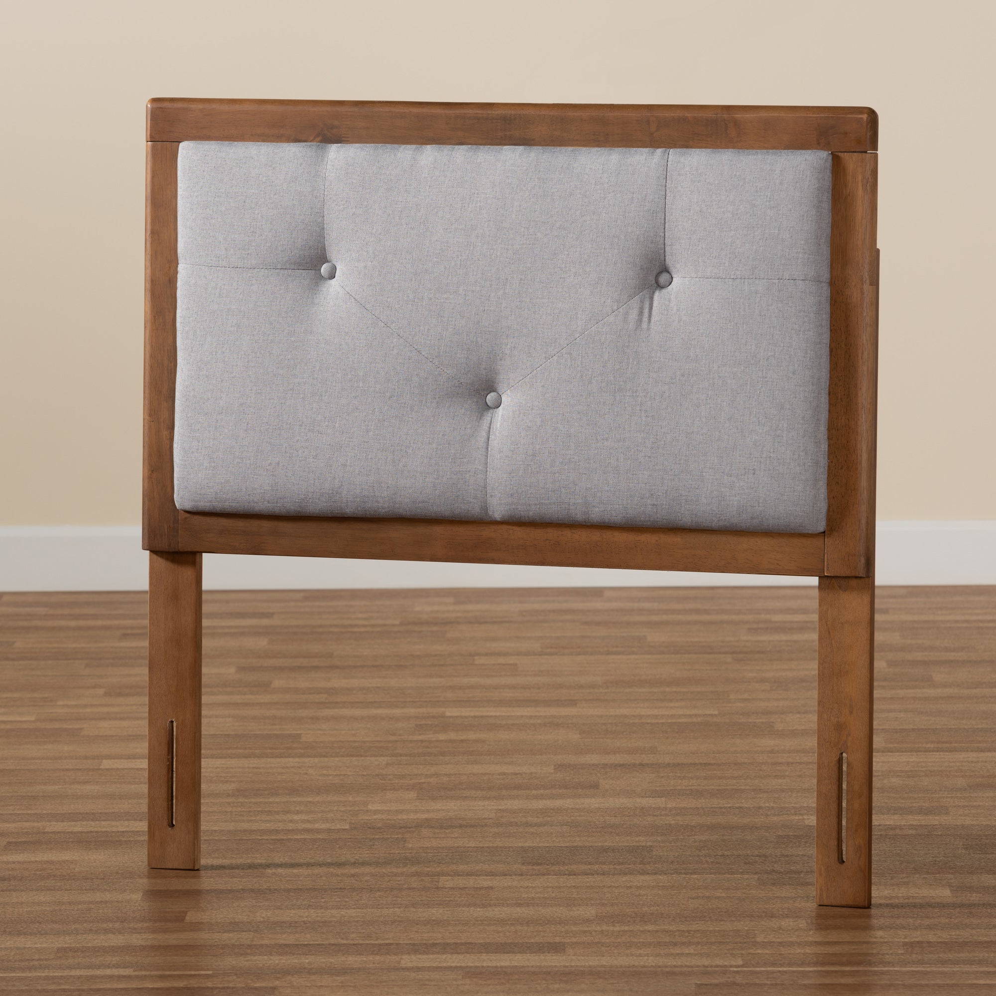 Baxton Studio Abner Modern and Contemporary Transitional Light Grey Fabric Upholstered and Walnut Brown Finished Wood Twin Size Headboard