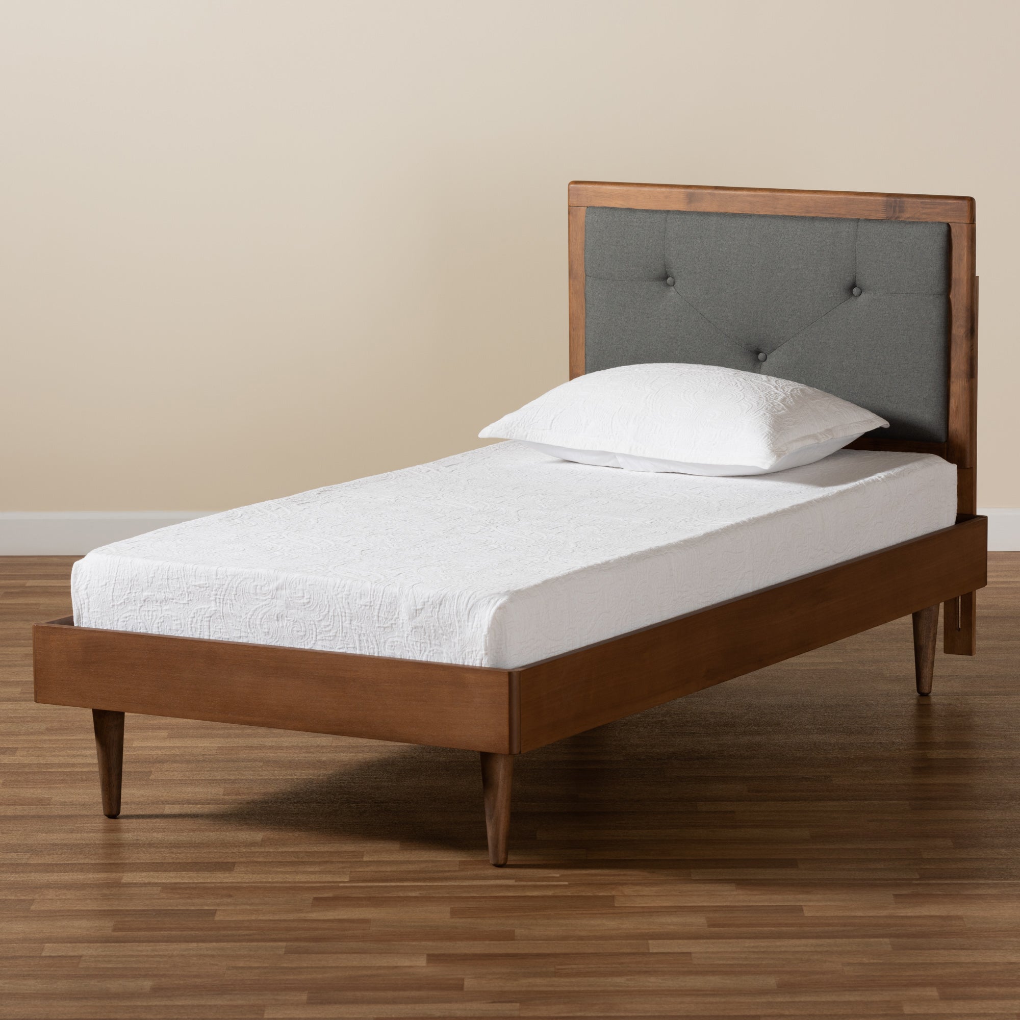 Baxton Studio Saul Mid-Century Modern Dark Grey Fabric Upholstered and Walnut Brown Finished Wood Twin Size Platform Bed