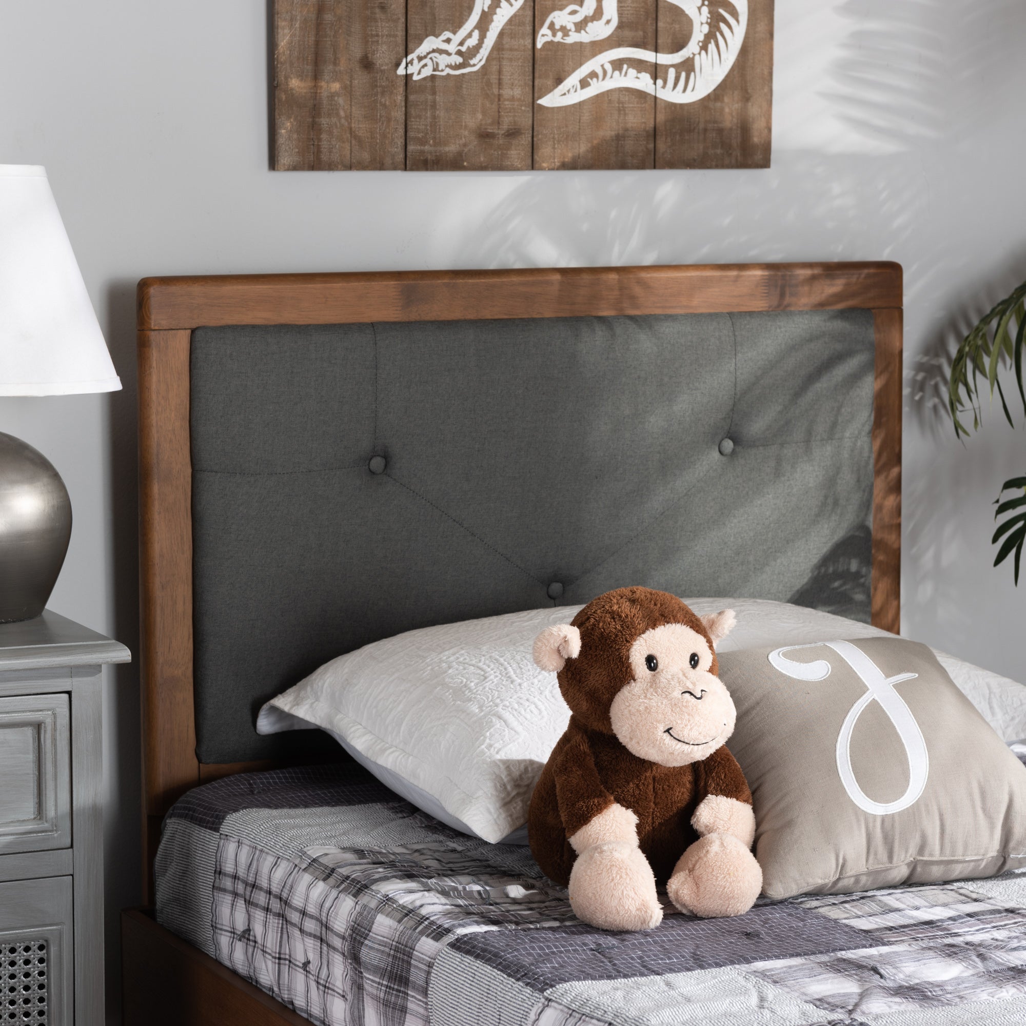 Baxton Studio Abner Modern and Contemporary Transitional Dark Grey Fabric Upholstered and Walnut Brown Finished Wood Twin Size Headboard