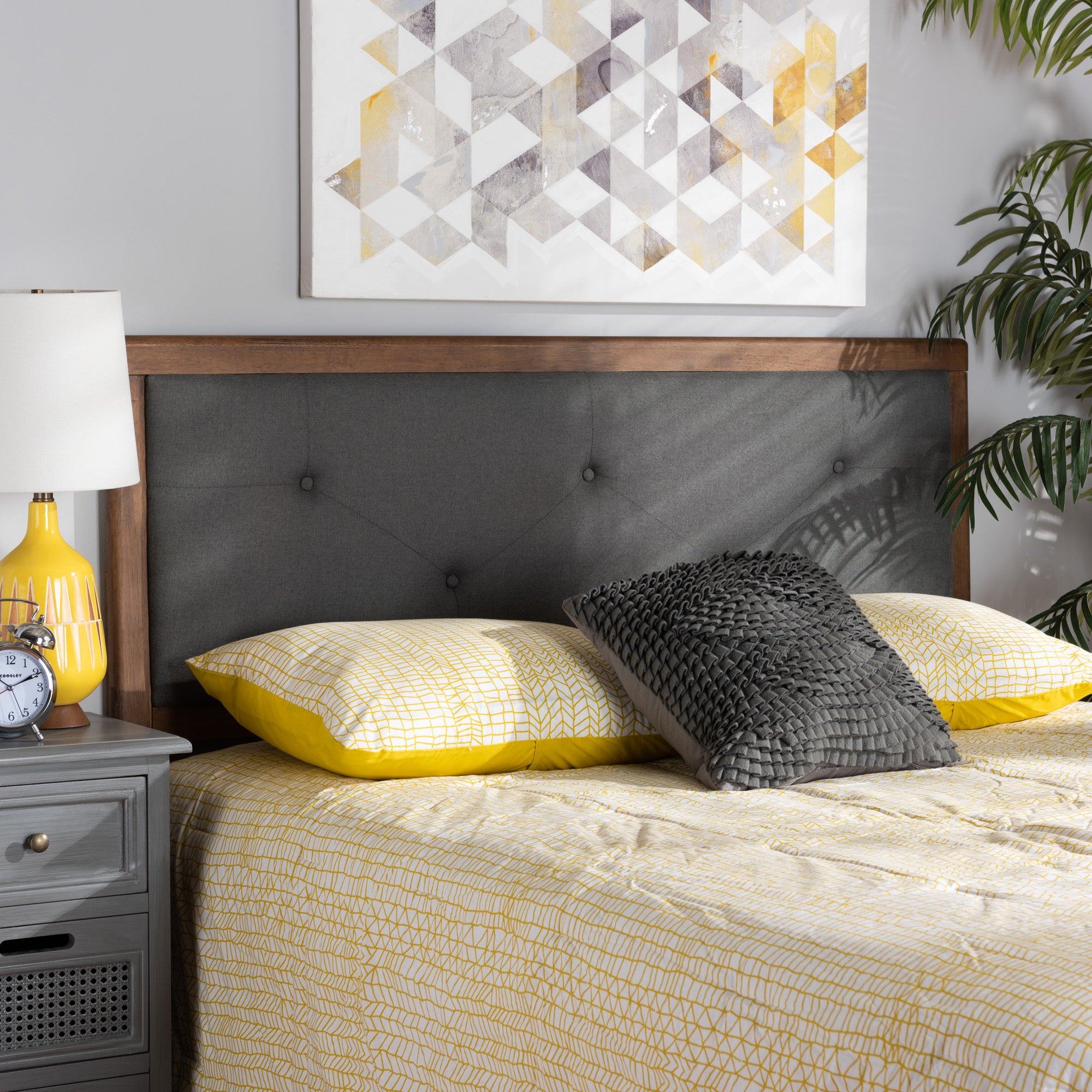 Baxton Studio Abner Modern and Contemporary Transitional Dark Grey Fabric Upholstered and Walnut Brown Finished Wood Queen Size Headboard