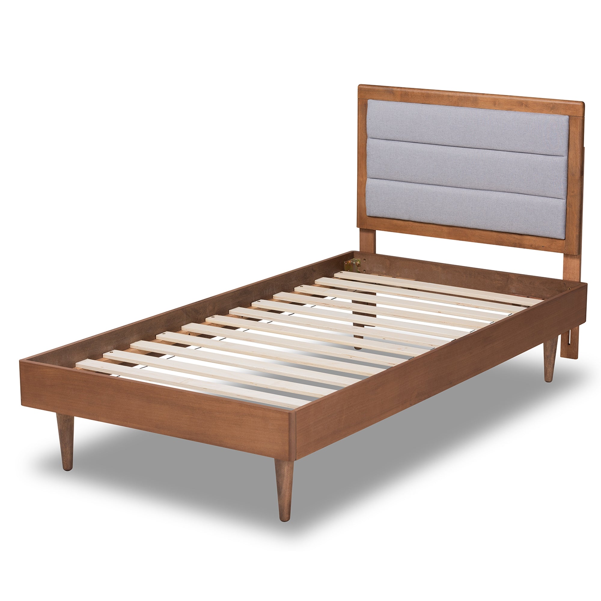 Baxton Studio Seren Mid-Century Modern Light Grey Fabric Upholstered and Walnut Brown Finished Wood Twin Size Platform Bed