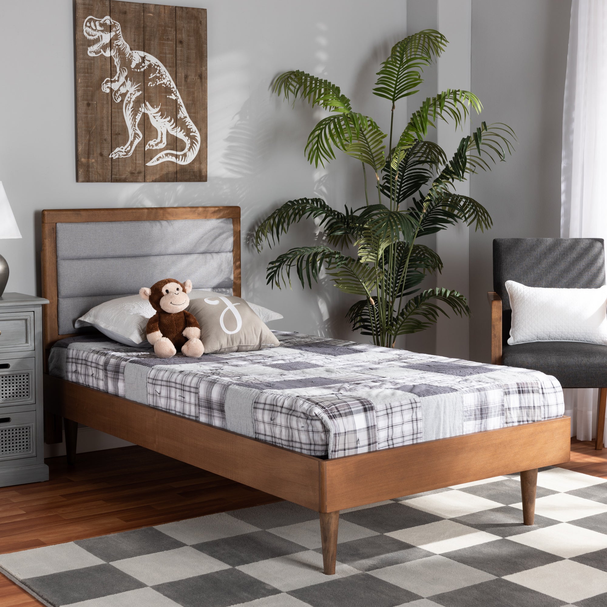 Baxton Studio Seren Mid-Century Modern Light Grey Fabric Upholstered and Walnut Brown Finished Wood Twin Size Platform Bed