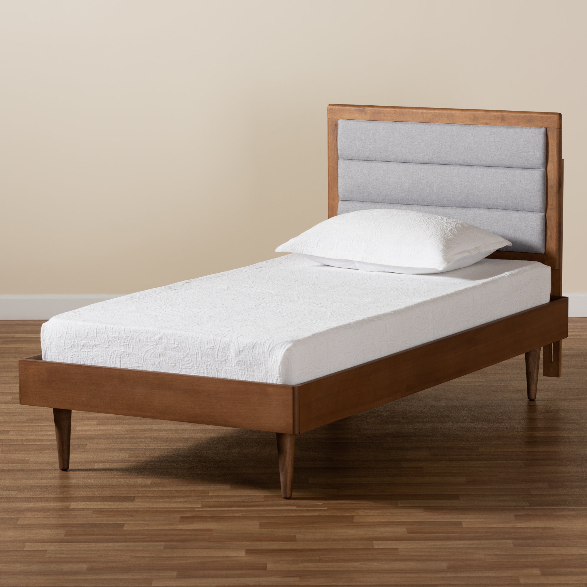 Baxton Studio Seren Mid-Century Modern Light Grey Fabric Upholstered and Walnut Brown Finished Wood Twin Size Platform Bed