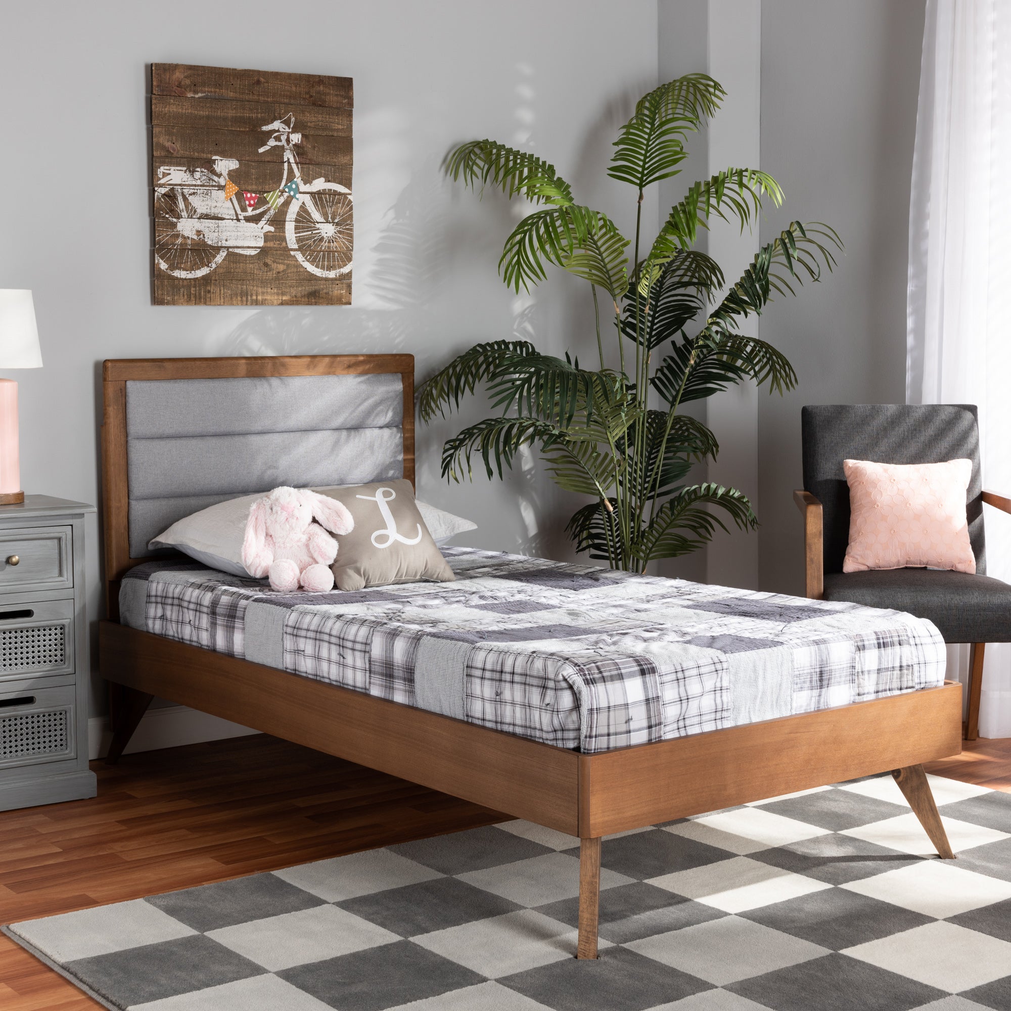 Baxton Studio Linn Mid-Century Modern Light Grey Fabric Upholstered and Walnut Brown Finished Wood Twin Size Platform Bed