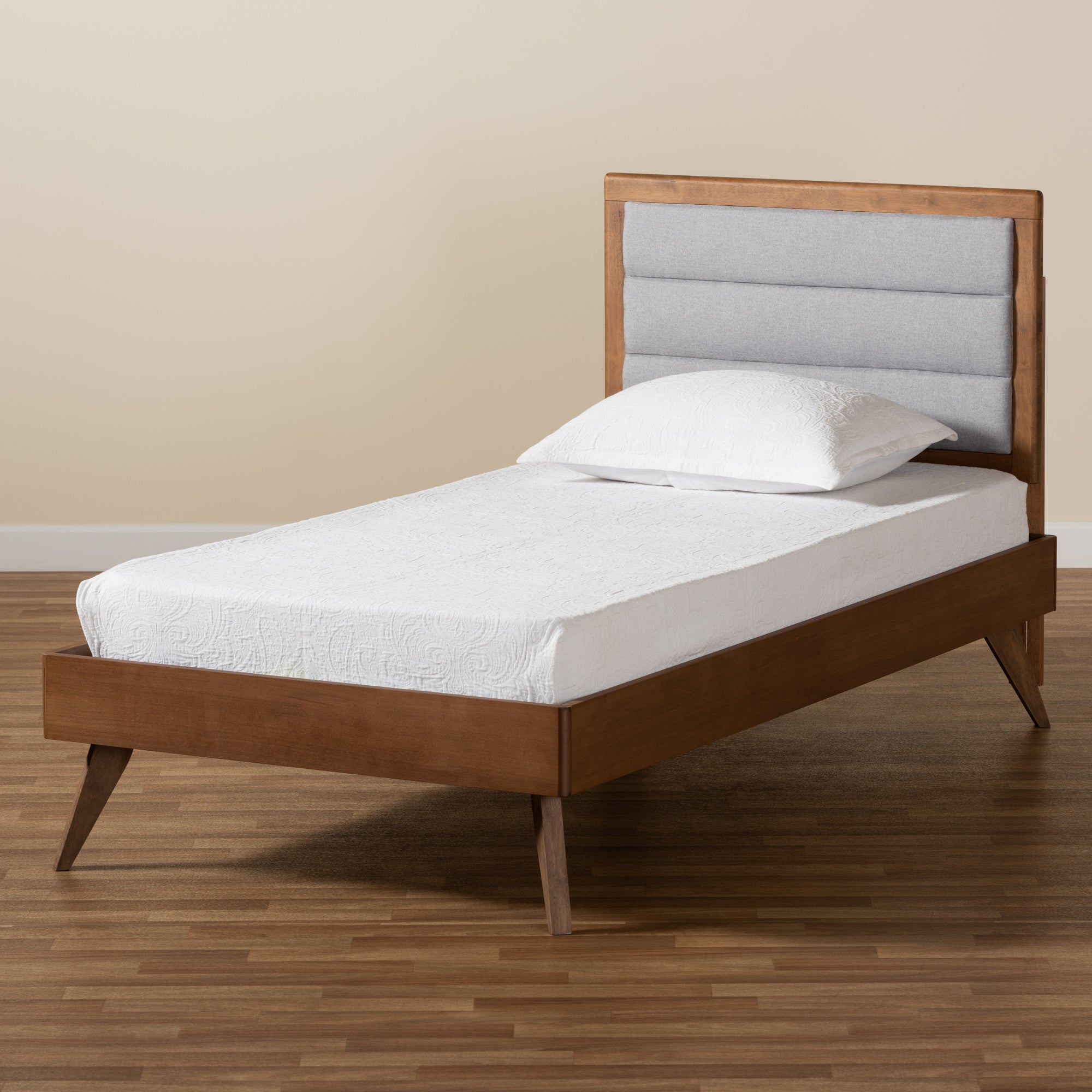 Baxton Studio Linn Mid-Century Modern Light Grey Fabric Upholstered and Walnut Brown Finished Wood Twin Size Platform Bed