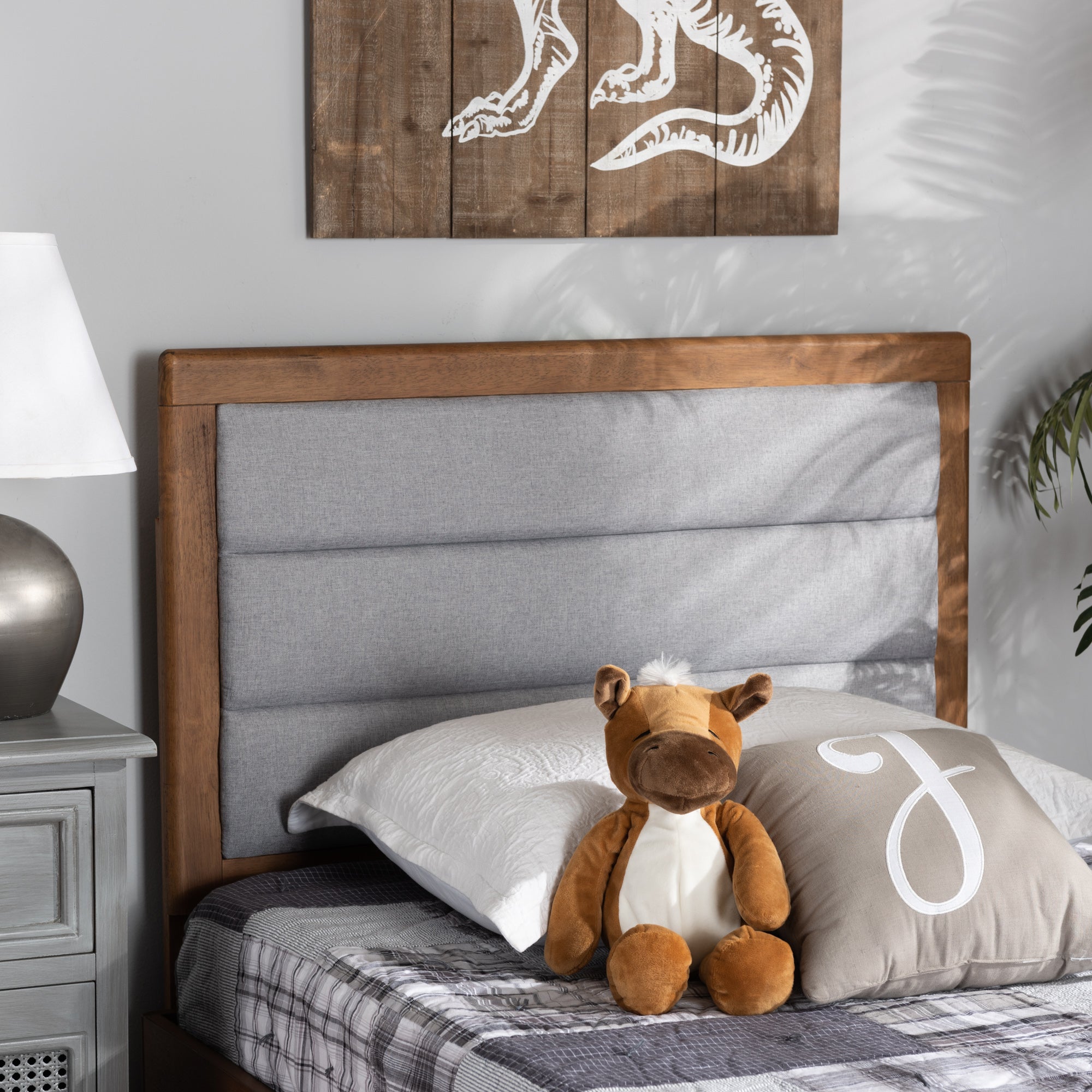 Baxton Studio Dexter Modern and Contemporary Light Grey Fabric Upholstered and Walnut Brown Finished Wood Twin Size Headboard