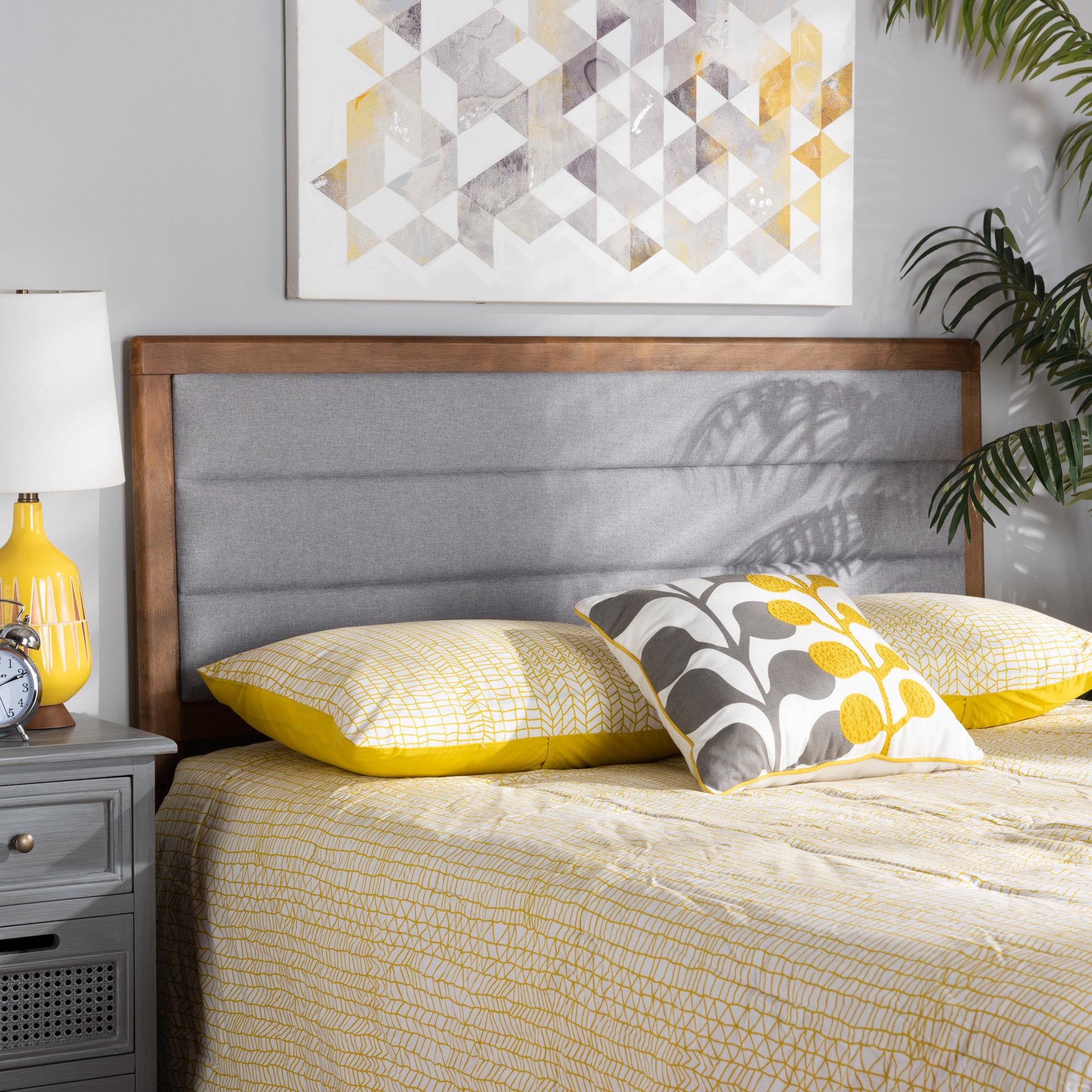 Baxton Studio Dexter Modern and Contemporary Light Grey Fabric Upholstered and Walnut Brown Finished Wood King Size Headboard