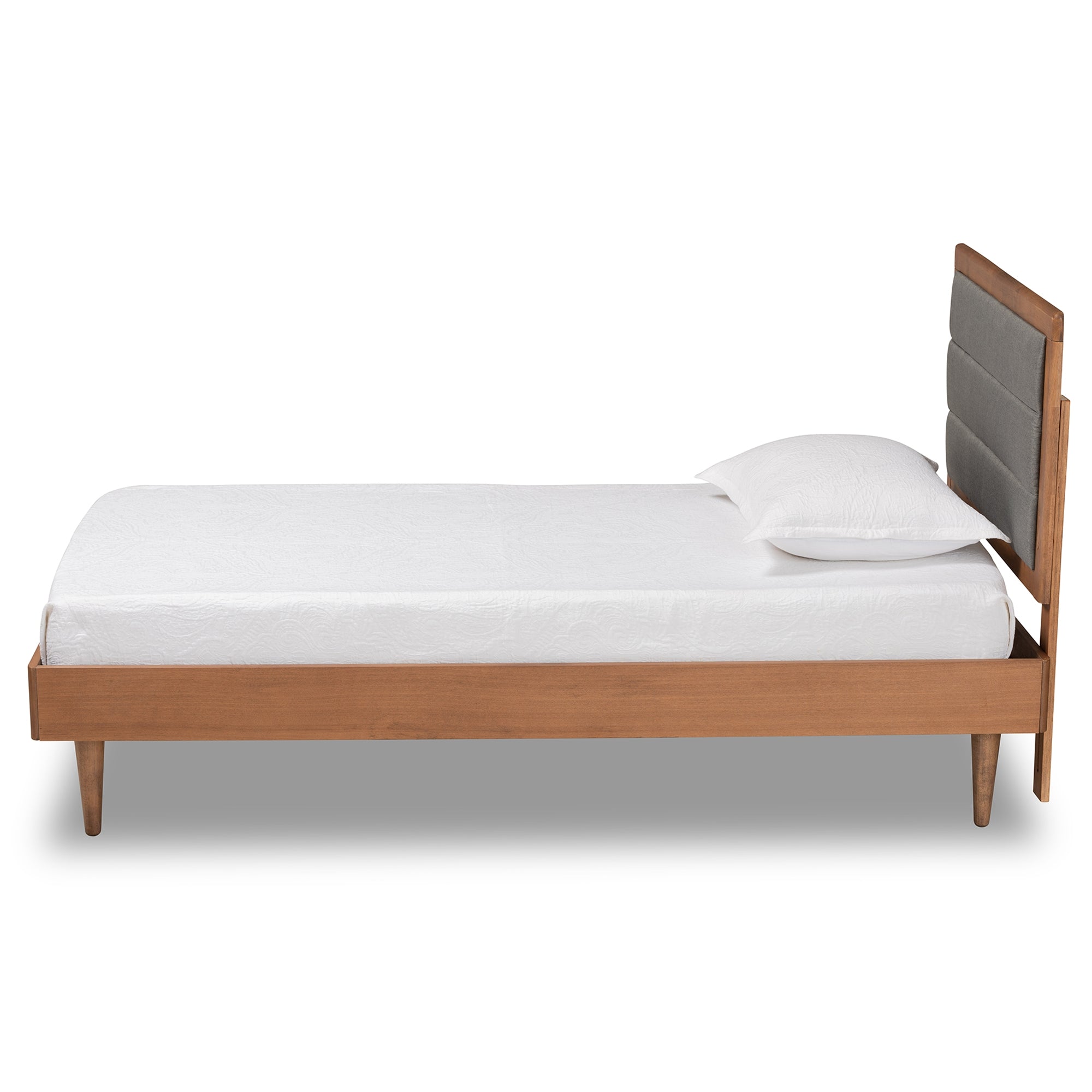 Baxton Studio Seren Mid-Century Modern Dark Grey Fabric Upholstered and Walnut Brown Finished Wood Twin Size Platform Bed