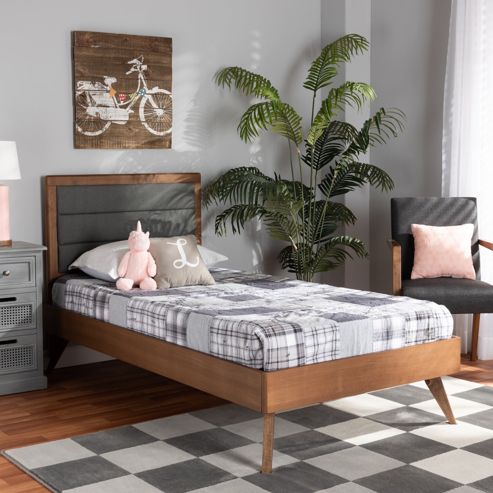 Baxton Studio Linn Mid-Century Modern Dark Grey Fabric Upholstered and Walnut Brown Finished Wood Twin Size Platform Bed