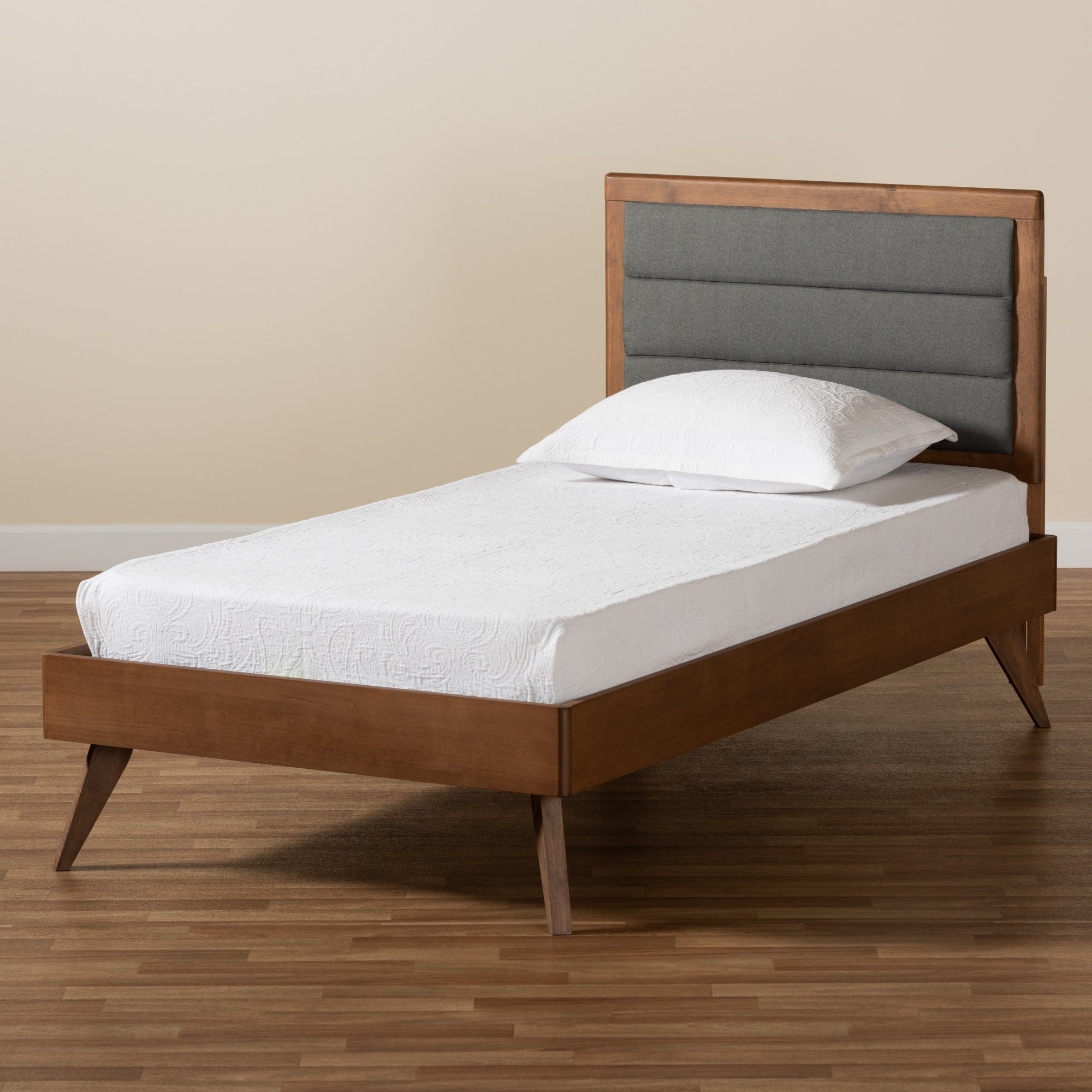 Baxton Studio Linn Mid-Century Modern Dark Grey Fabric Upholstered and Walnut Brown Finished Wood Twin Size Platform Bed