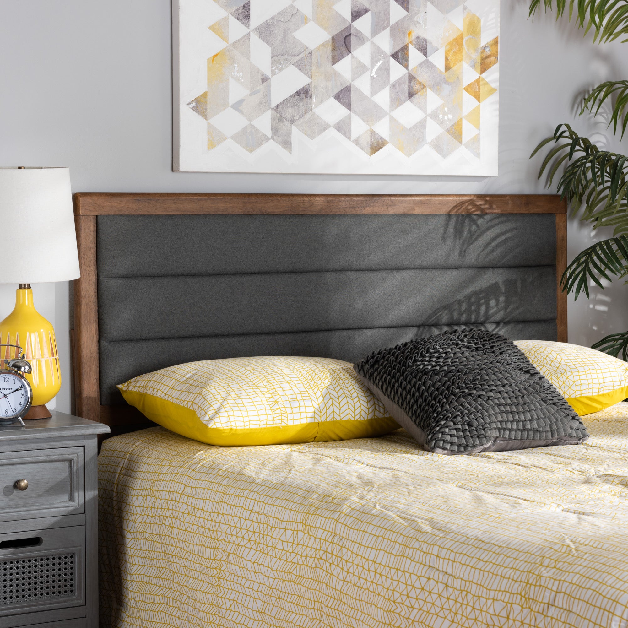 Baxton Studio Dexter Modern and Contemporary Dark Grey Fabric Upholstered and Walnut Brown Finished Wood Full Size Headboard