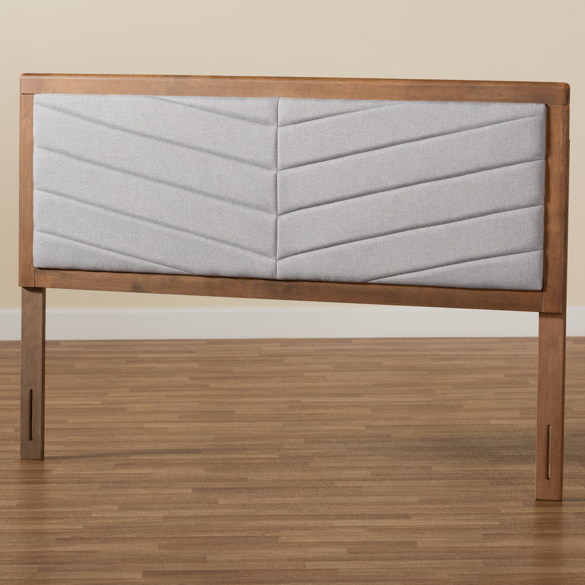 Baxton Studio Iden Modern and Contemporary Light Grey Fabric Upholstered and Walnut Brown Finished Wood Queen Size Headboard