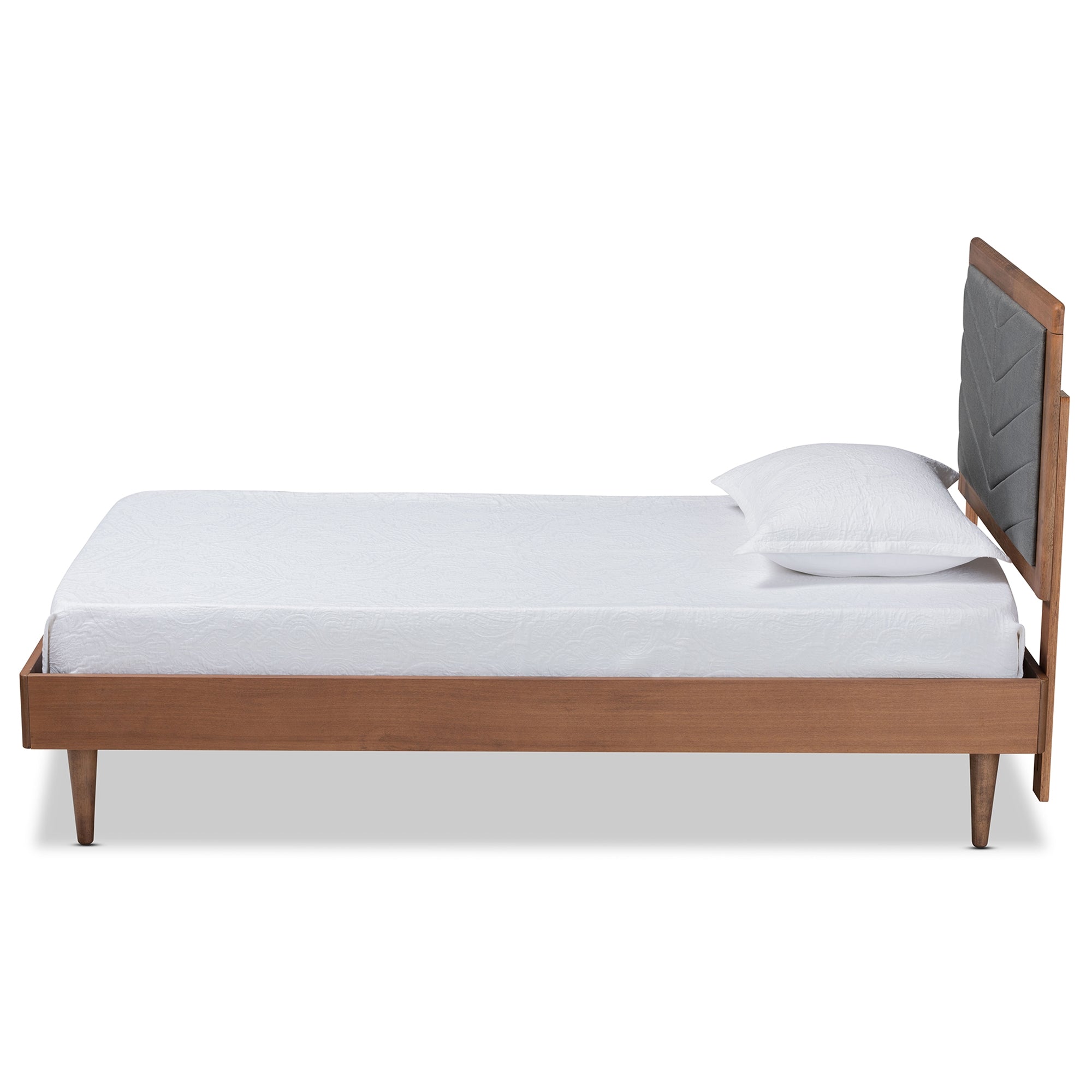 Baxton Studio Tasha Mid-Century Modern Dark Grey Fabric Upholstered and Walnut brown Finished Wood Twin Size Platform Bed
