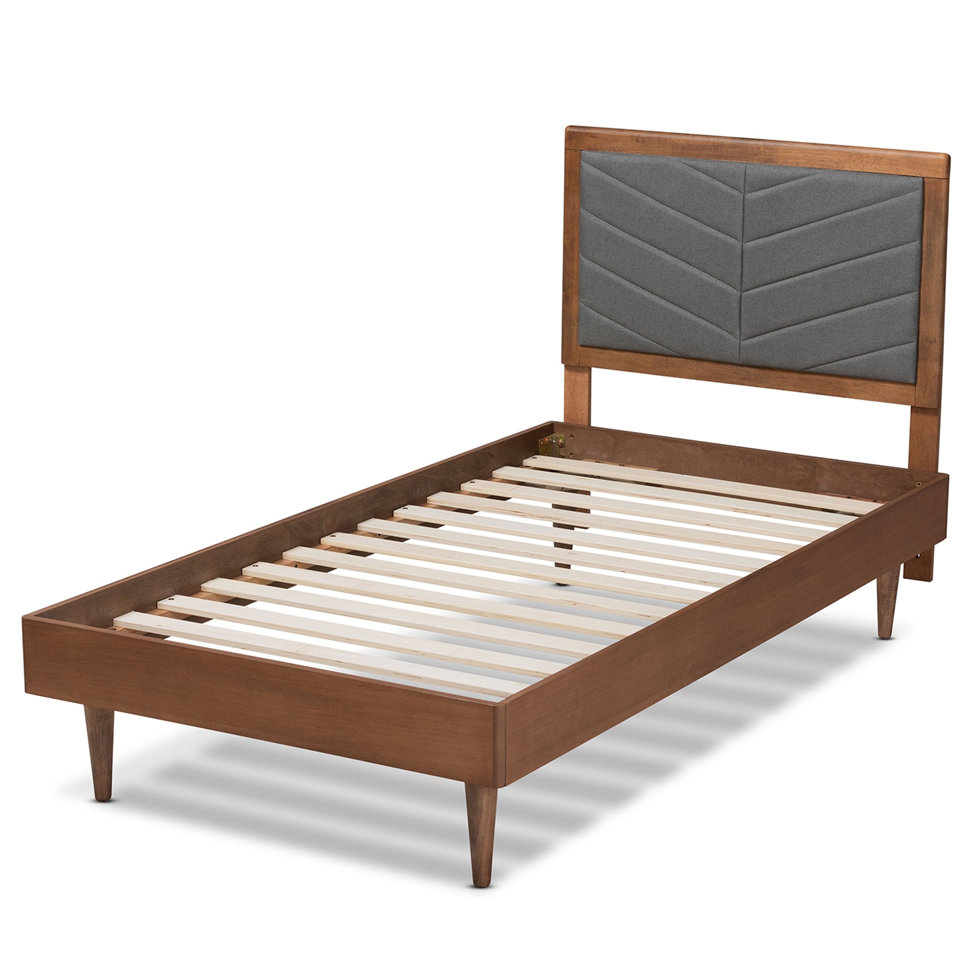 Baxton Studio Tasha Mid-Century Modern Dark Grey Fabric Upholstered and Walnut brown Finished Wood Twin Size Platform Bed