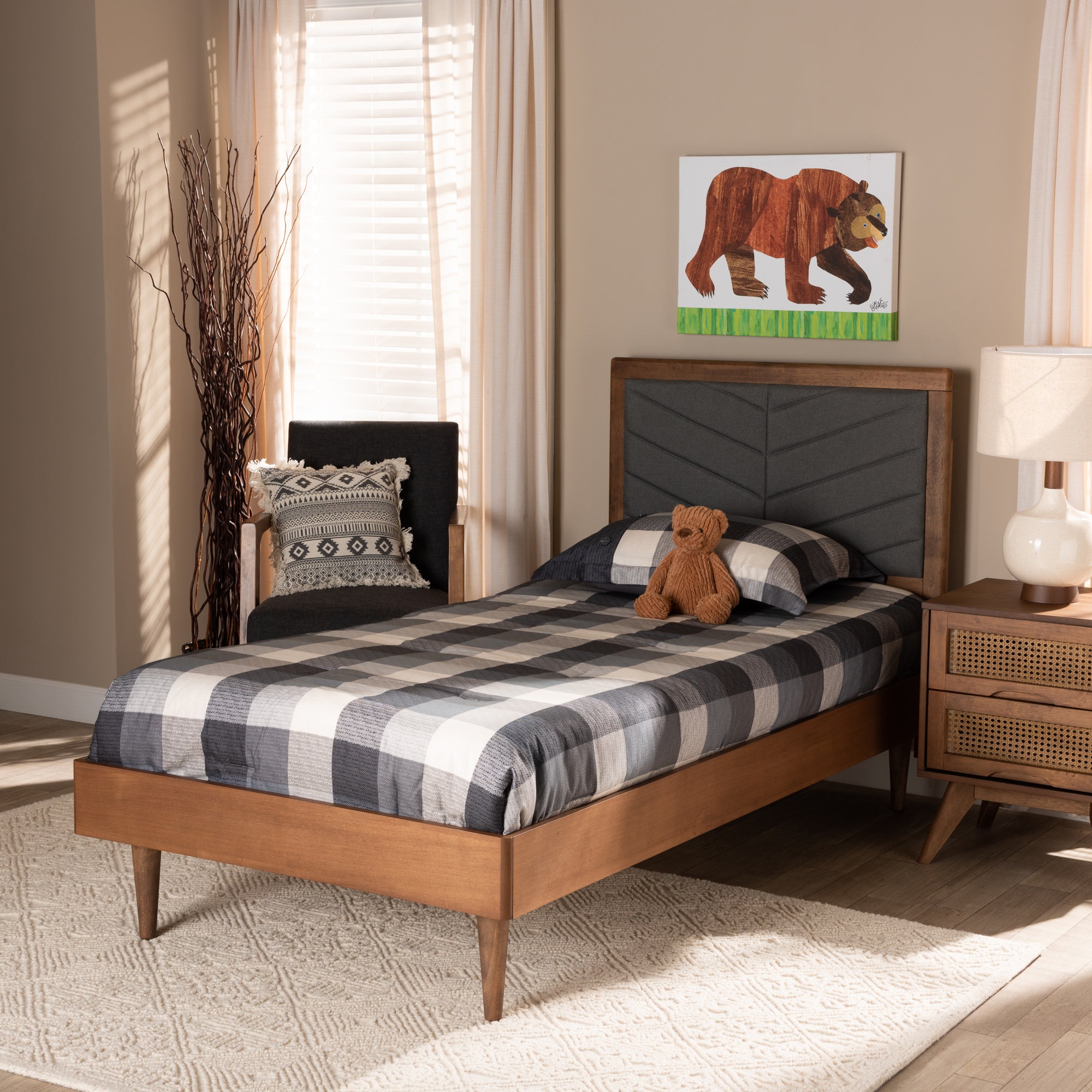 Baxton Studio Tasha Mid-Century Modern Dark Grey Fabric Upholstered and Walnut brown Finished Wood Twin Size Platform Bed