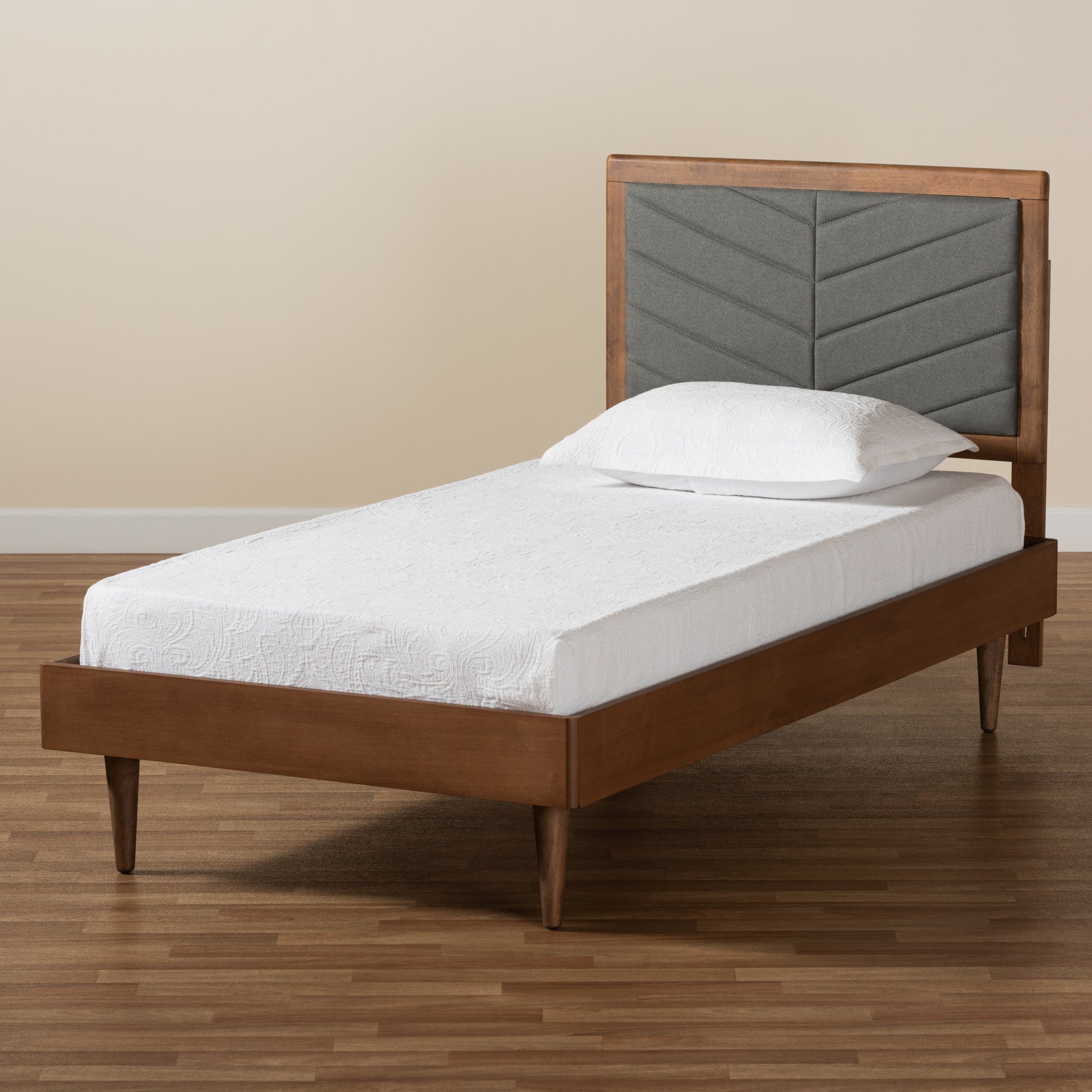 Baxton Studio Tasha Mid-Century Modern Dark Grey Fabric Upholstered and Walnut brown Finished Wood Twin Size Platform Bed