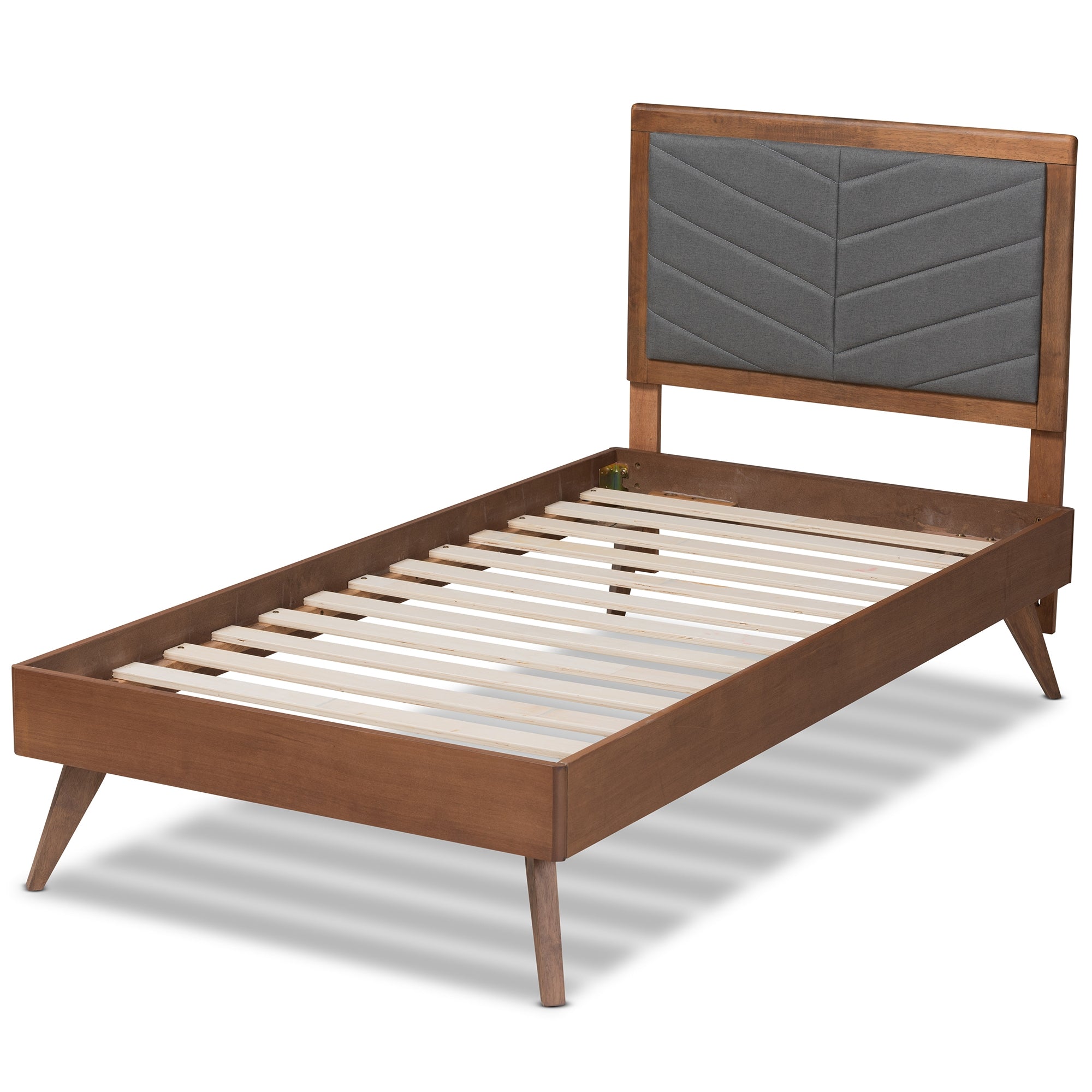 Baxton Studio Roze Mid-Century Modern Dark Grey Fabric Upholstered and Walnut brown Finished Wood Twin Size Platform Bed