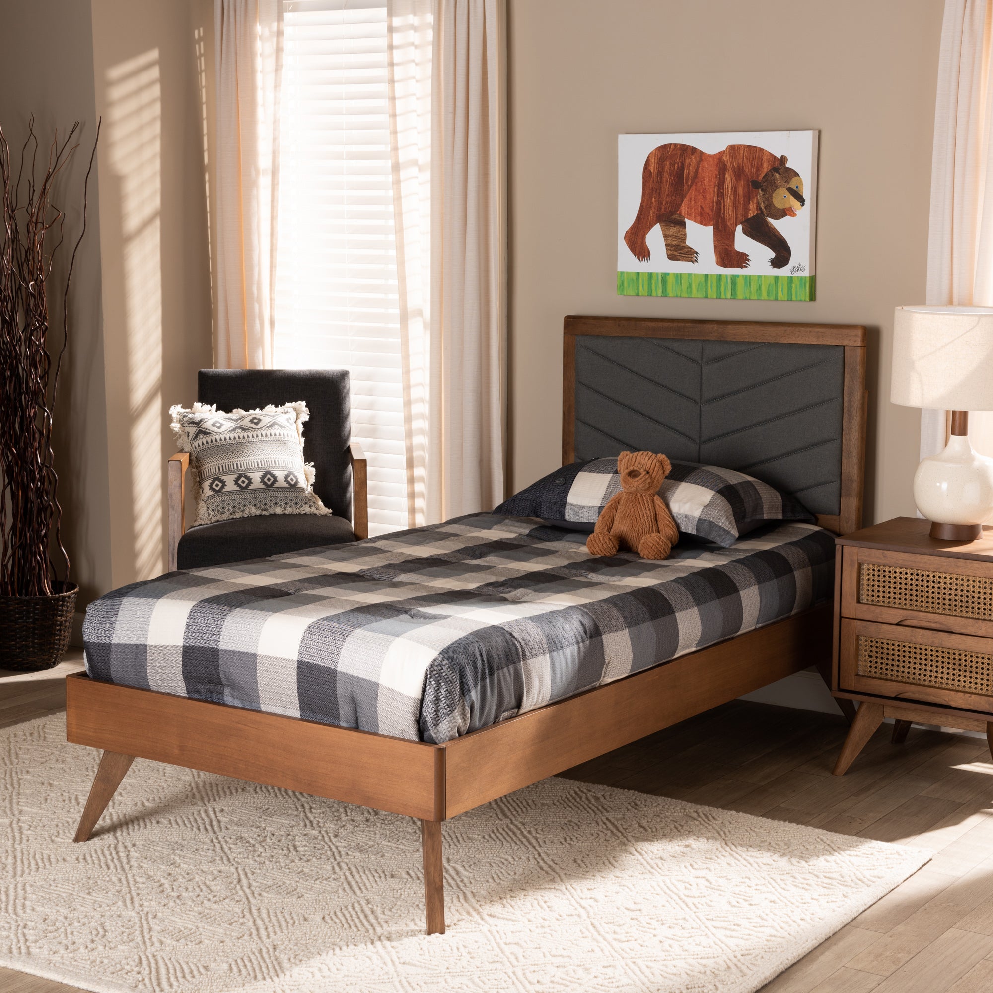 Baxton Studio Roze Mid-Century Modern Dark Grey Fabric Upholstered and Walnut brown Finished Wood Twin Size Platform Bed