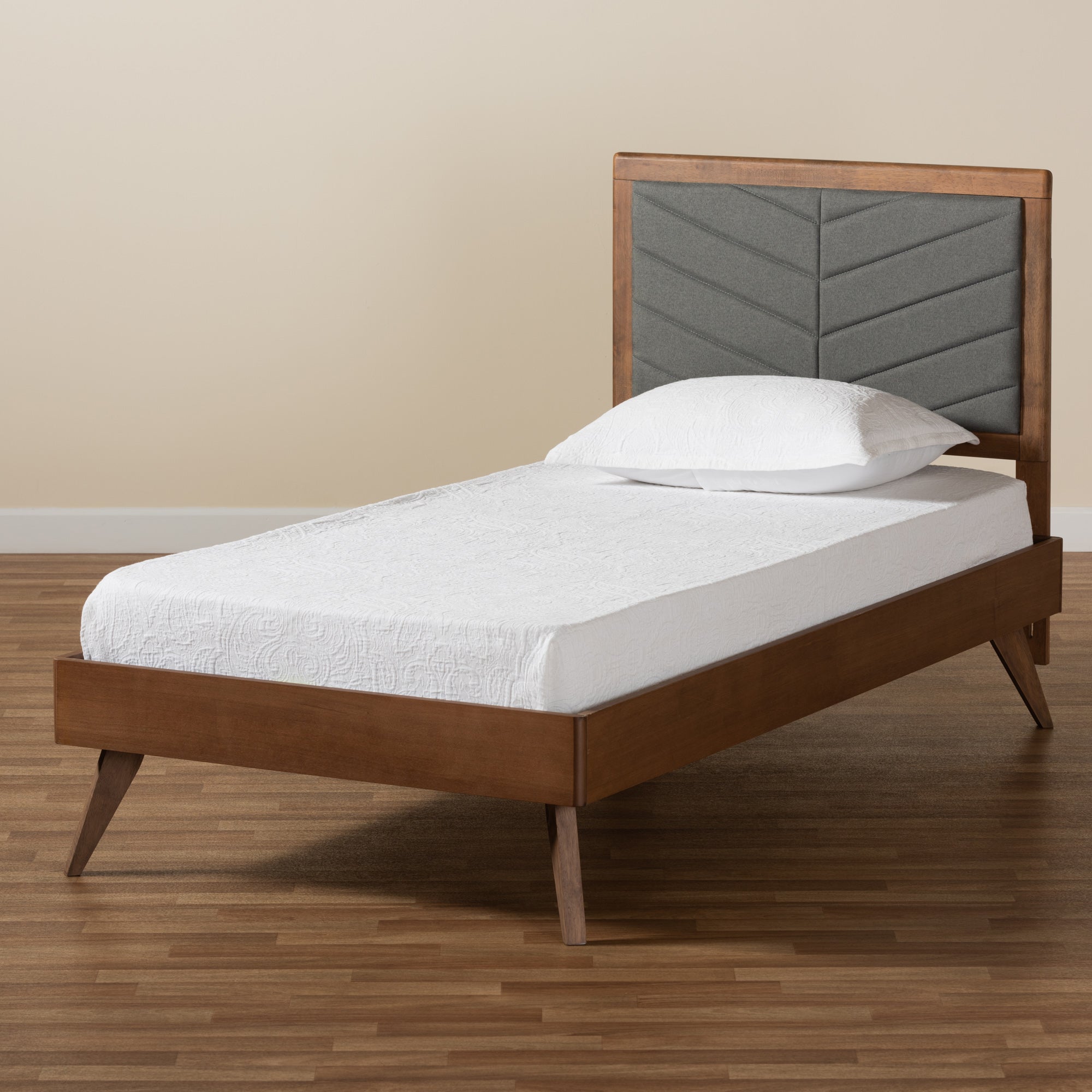 Baxton Studio Roze Mid-Century Modern Dark Grey Fabric Upholstered and Walnut brown Finished Wood Twin Size Platform Bed
