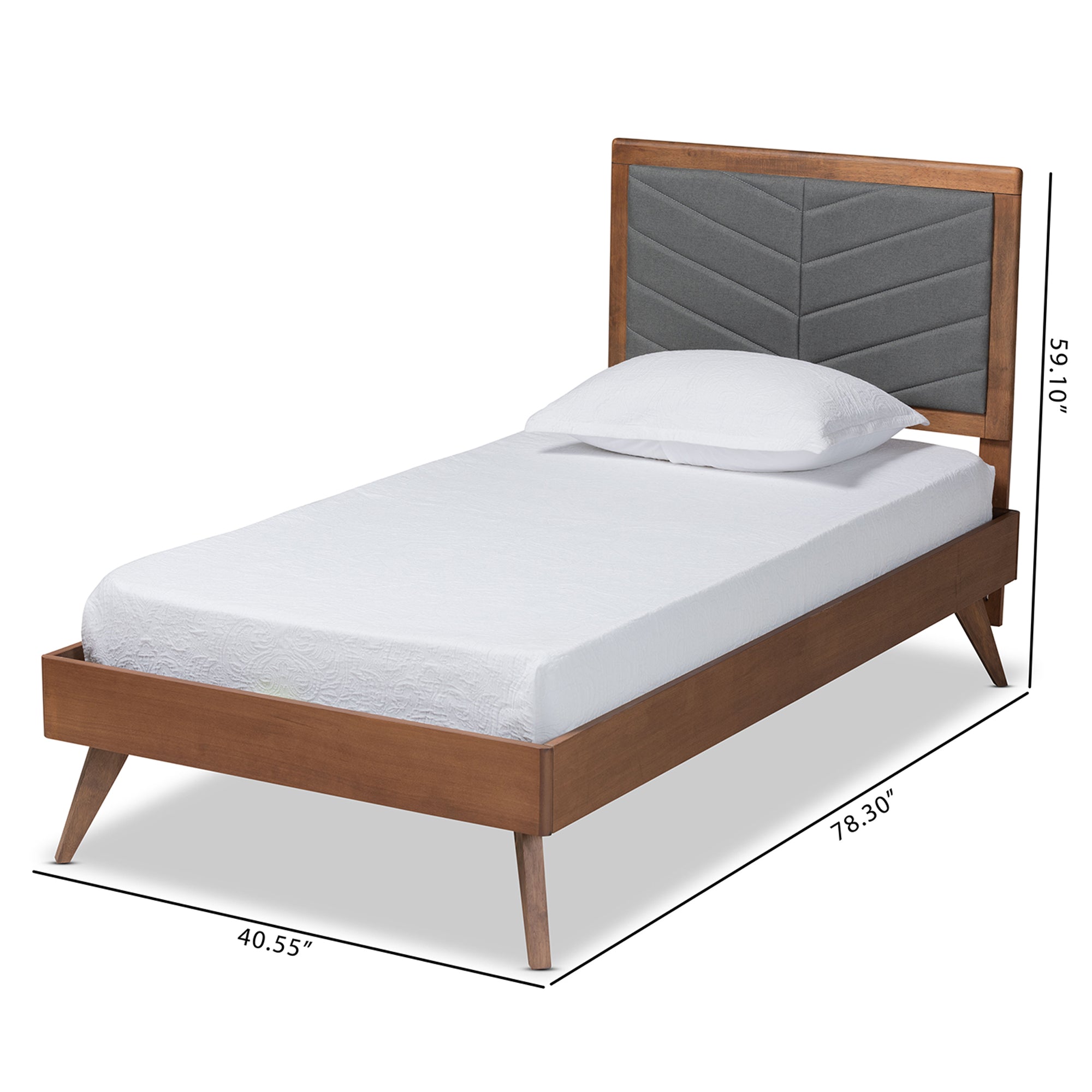 Baxton Studio Roze Mid-Century Modern Dark Grey Fabric Upholstered and Walnut brown Finished Wood Twin Size Platform Bed