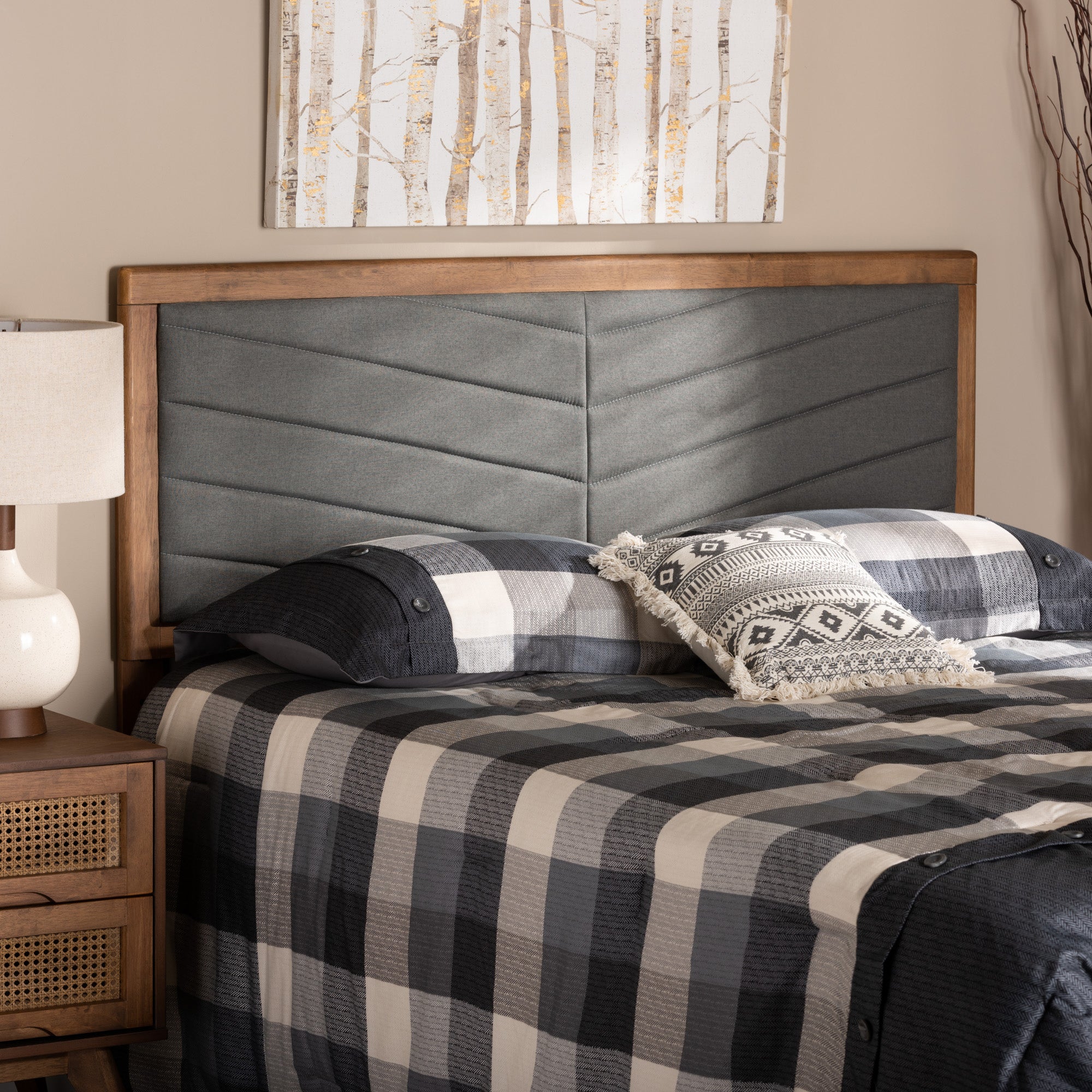 Baxton Studio Iden Modern and Contemporary Dark Grey Fabric Upholstered and Walnut Brown Finished Wood Queen Size Headboard