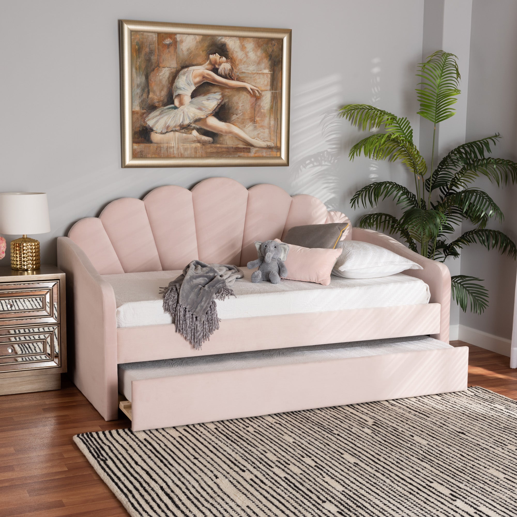 Baxton Studio Timila Modern and Contemporary Light Pink Velvet Fabric Upholstered Twin Size Daybed with Trundle