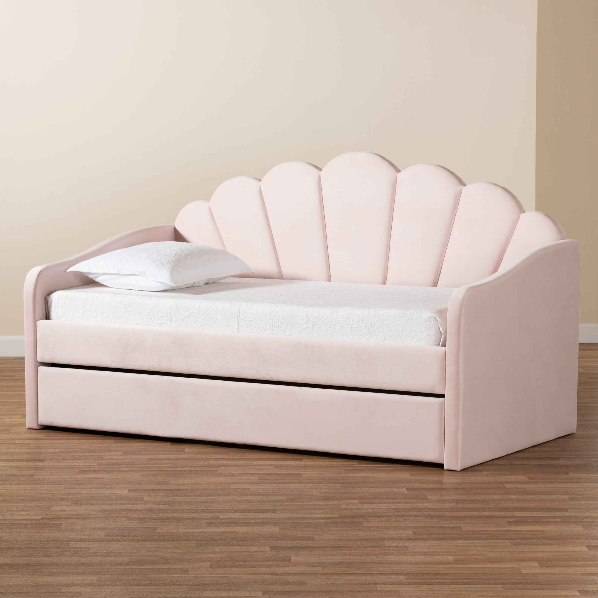 Baxton Studio Timila Modern and Contemporary Light Pink Velvet Fabric Upholstered Twin Size Daybed with Trundle