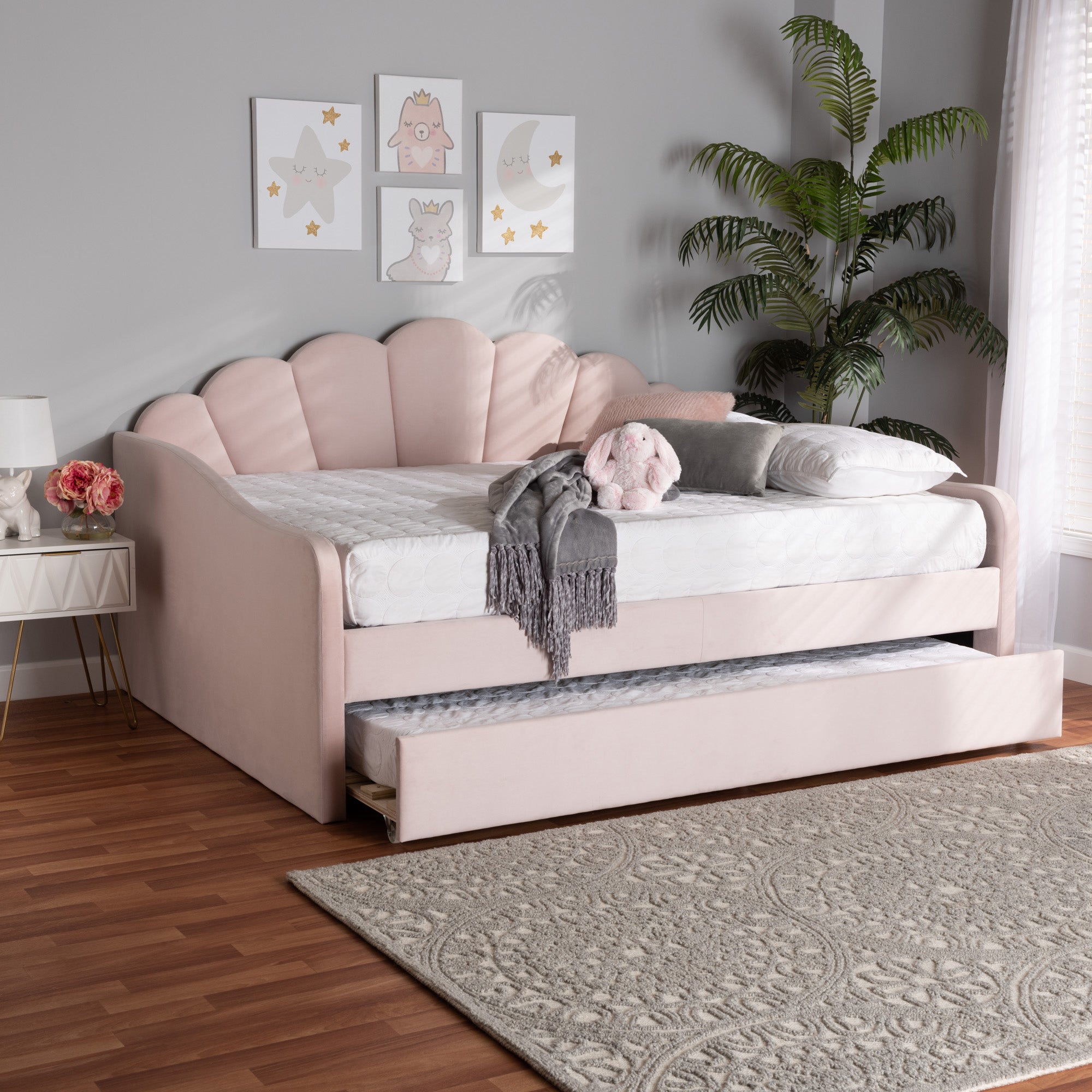 Baxton Studio Timila Modern and Contemporary Light Pink Velvet Fabric Upholstered Queen Size Daybed with Trundle