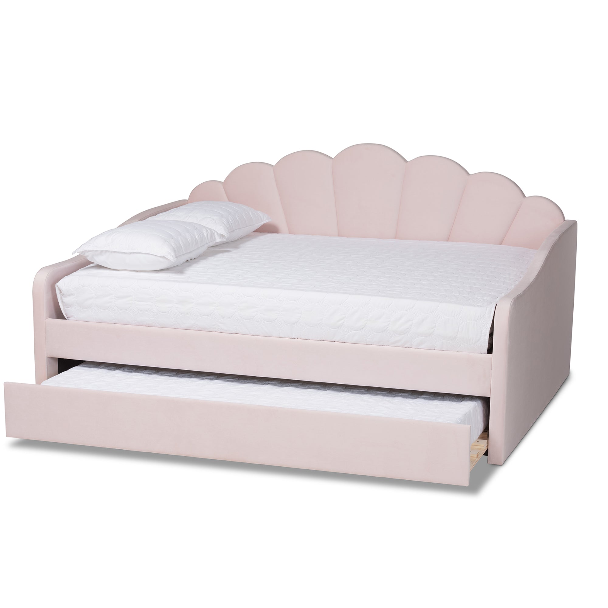 Baxton Studio Timila Modern and Contemporary Light Pink Velvet Fabric Upholstered Queen Size Daybed with Trundle