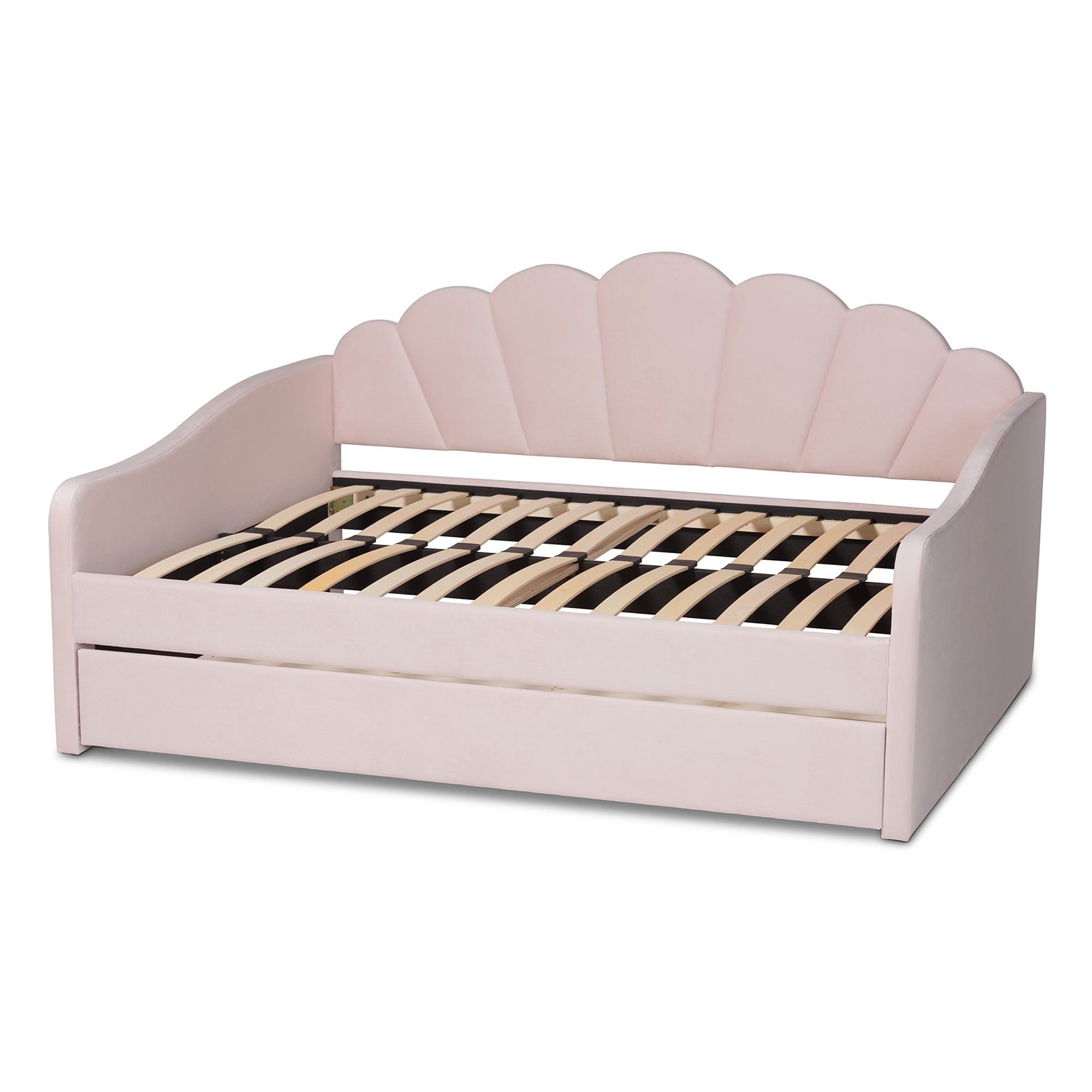 Baxton Studio Timila Modern and Contemporary Light Pink Velvet Fabric Upholstered Queen Size Daybed with Trundle