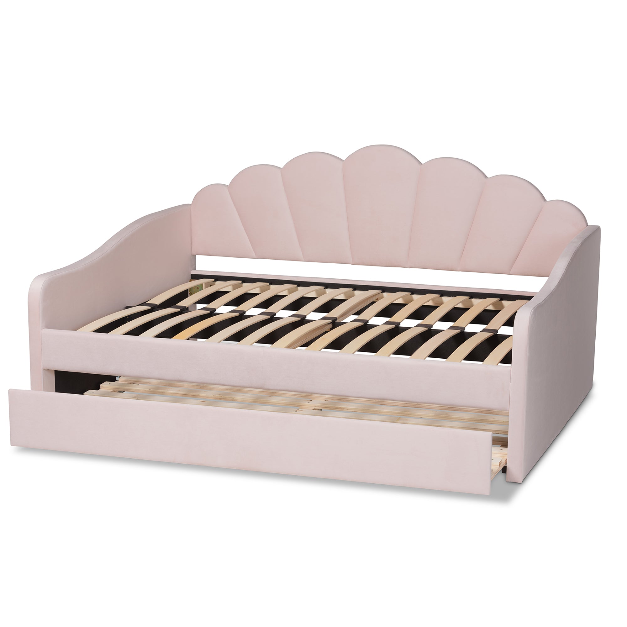 Baxton Studio Timila Modern and Contemporary Light Pink Velvet Fabric Upholstered Queen Size Daybed with Trundle