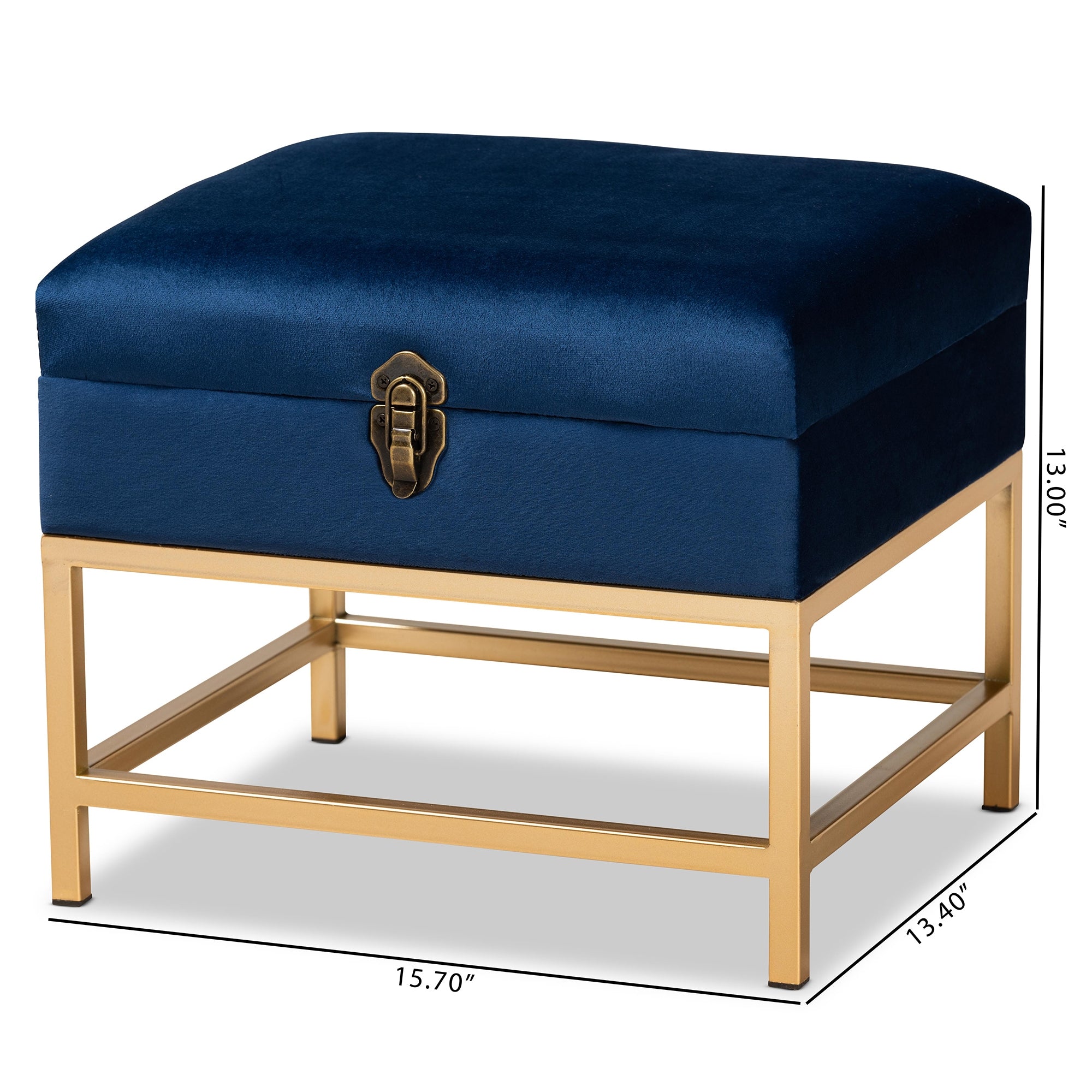 Baxton Studio Aliana Glam and Luxe Navy Blue Velvet Fabric Upholstered and Gold Finished Metal Small Storage Ottoman