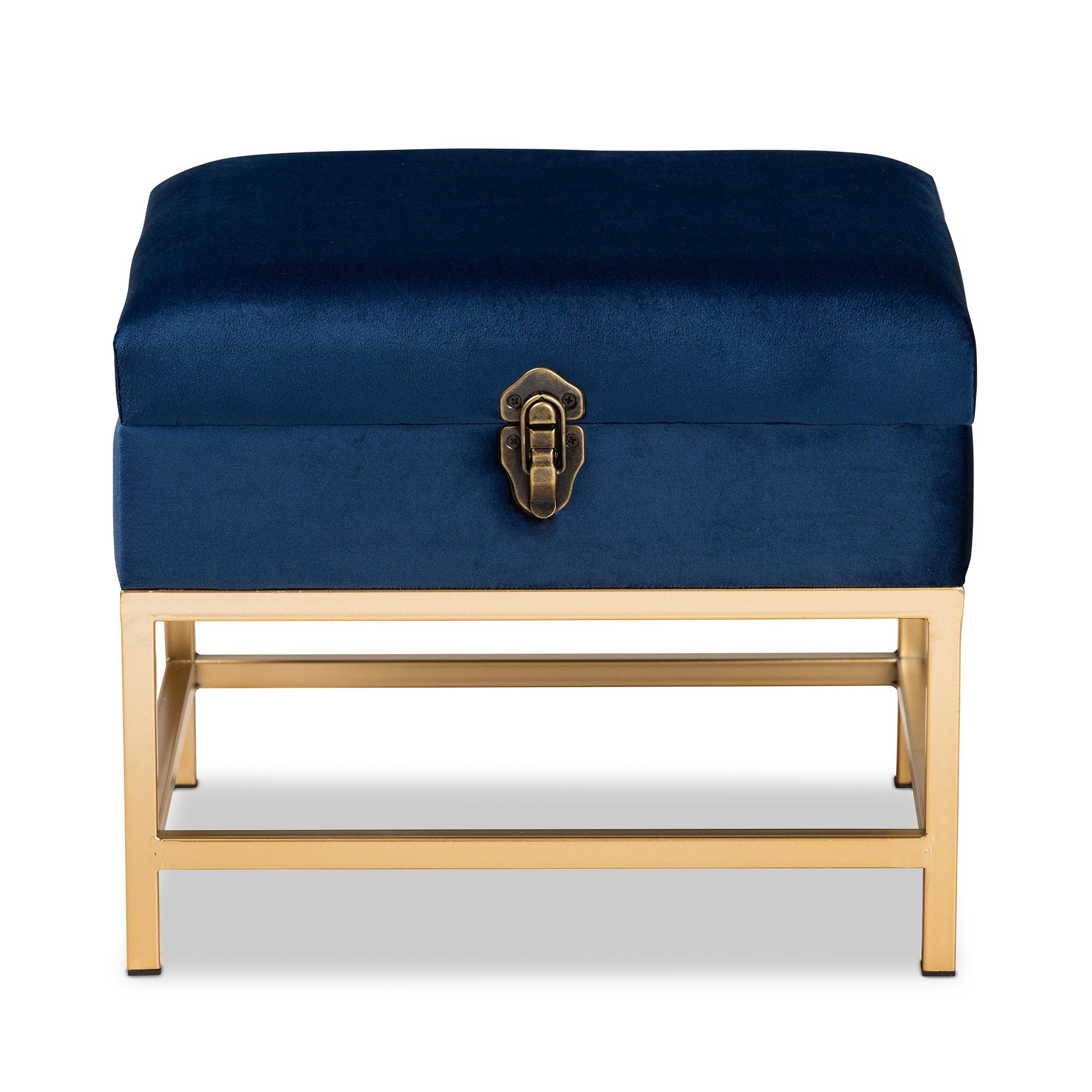 Baxton Studio Aliana Glam and Luxe Navy Blue Velvet Fabric Upholstered and Gold Finished Metal Small Storage Ottoman
