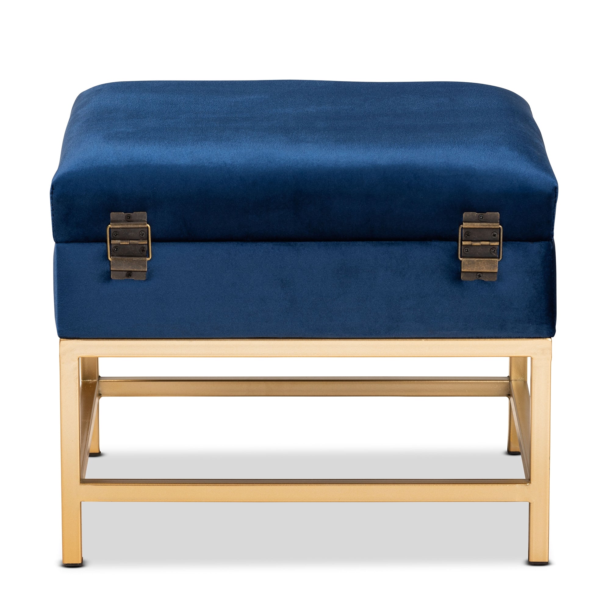 Baxton Studio Aliana Glam and Luxe Navy Blue Velvet Fabric Upholstered and Gold Finished Metal Small Storage Ottoman