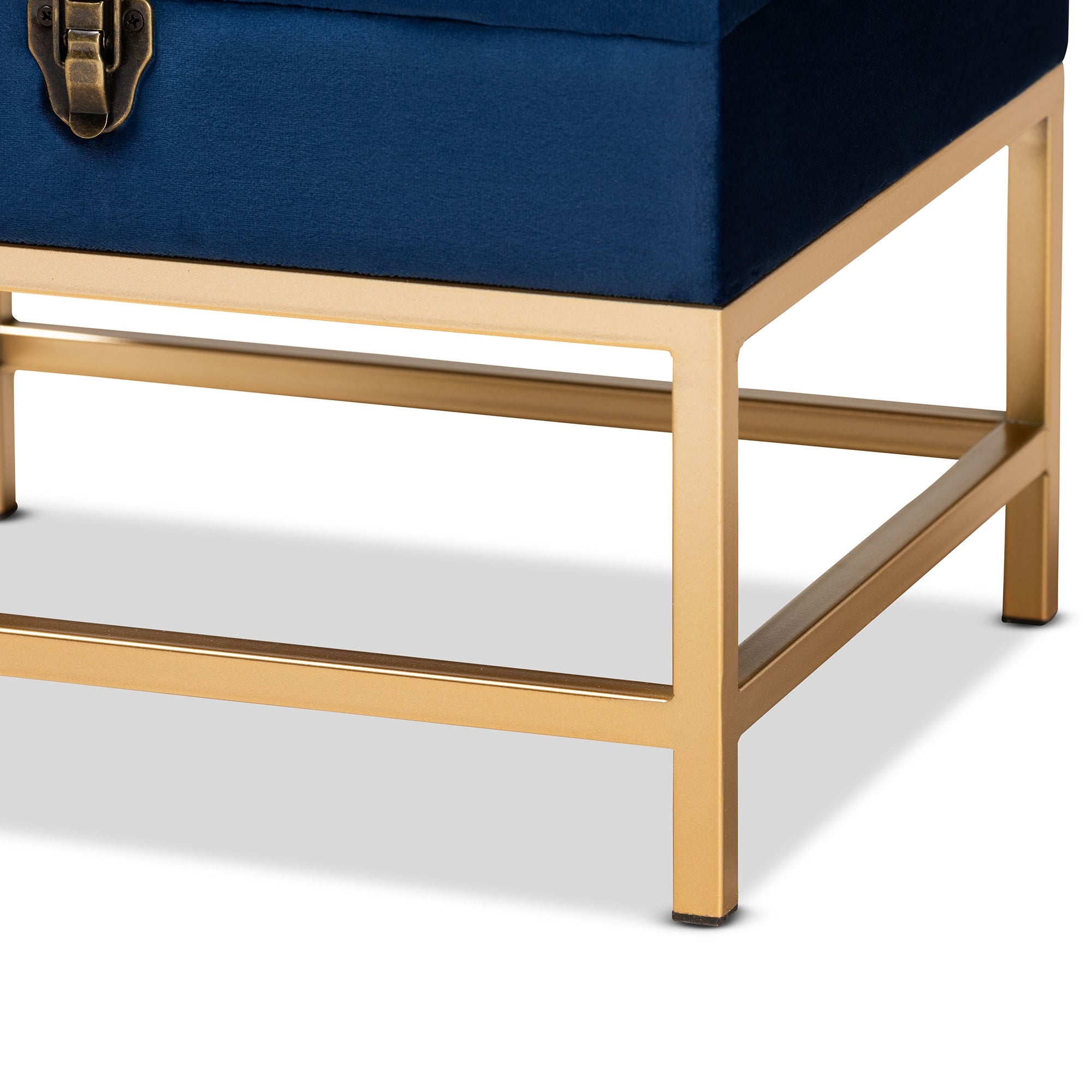 Baxton Studio Aliana Glam and Luxe Navy Blue Velvet Fabric Upholstered and Gold Finished Metal Small Storage Ottoman