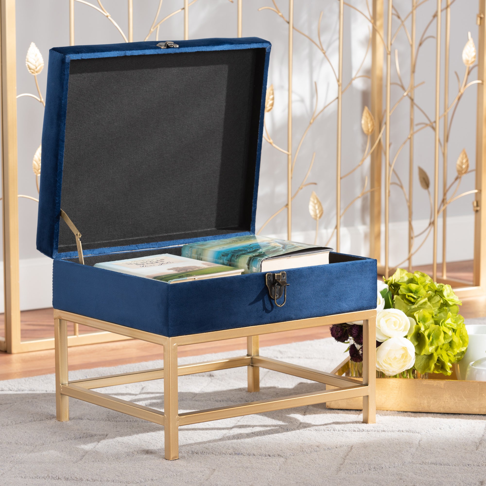 Baxton Studio Aliana Glam and Luxe Navy Blue Velvet Fabric Upholstered and Gold Finished Metal Small Storage Ottoman