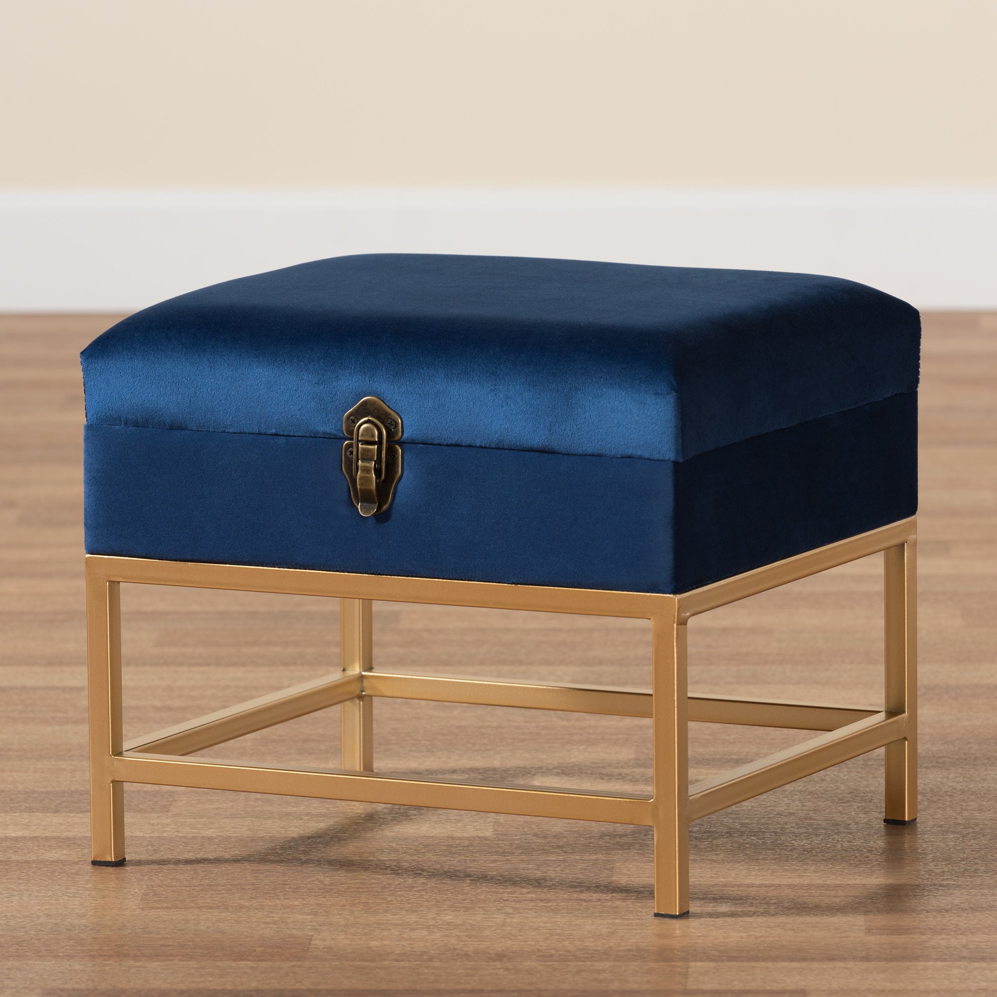 Baxton Studio Aliana Glam and Luxe Navy Blue Velvet Fabric Upholstered and Gold Finished Metal Small Storage Ottoman