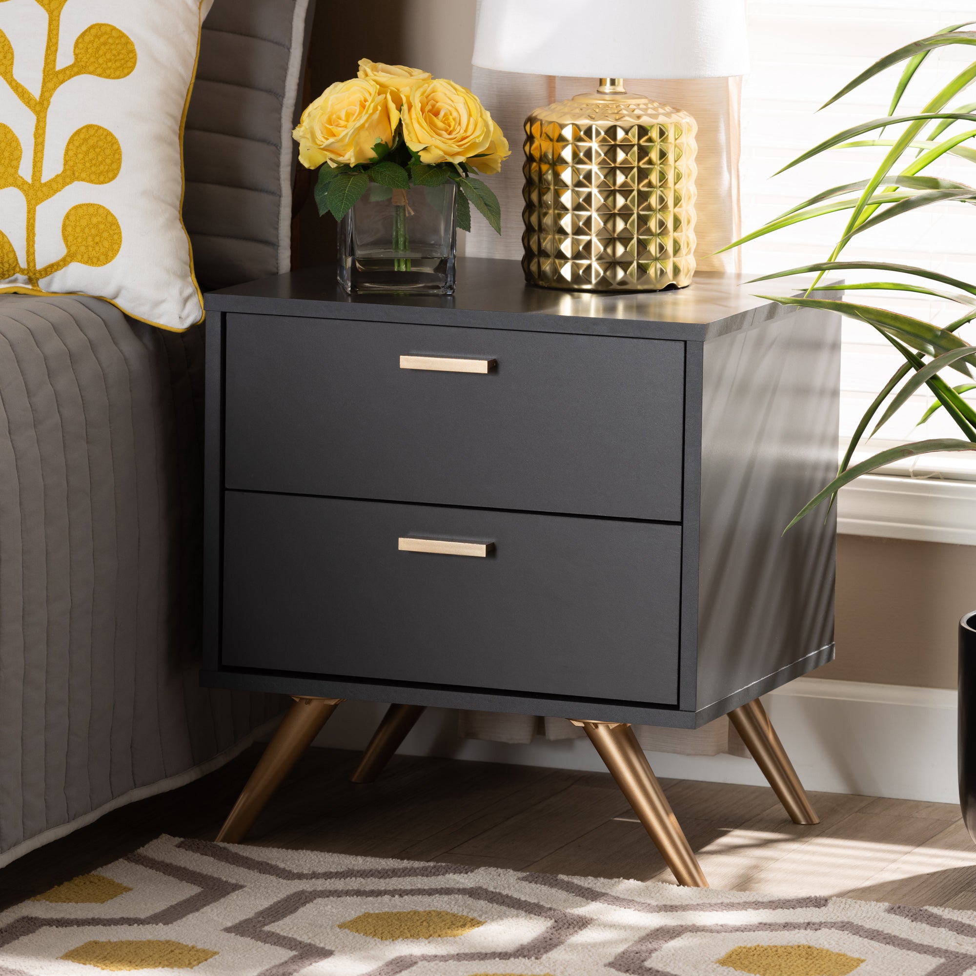 Baxton Studio Kelson Modern and Contemporary Dark Grey and Gold Finished Wood 2-Drawer Nightstand